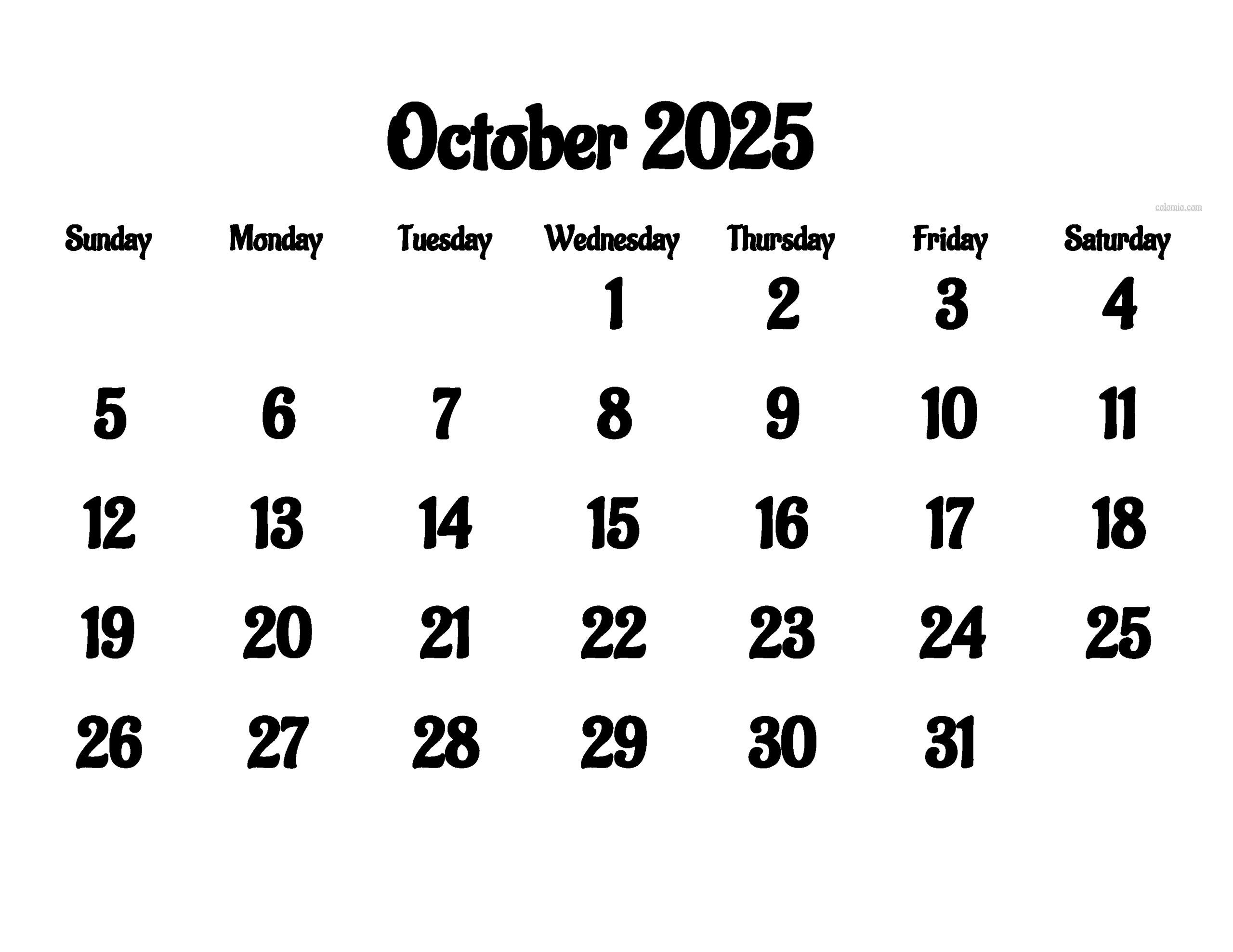 Printable Calendar Oct 2025