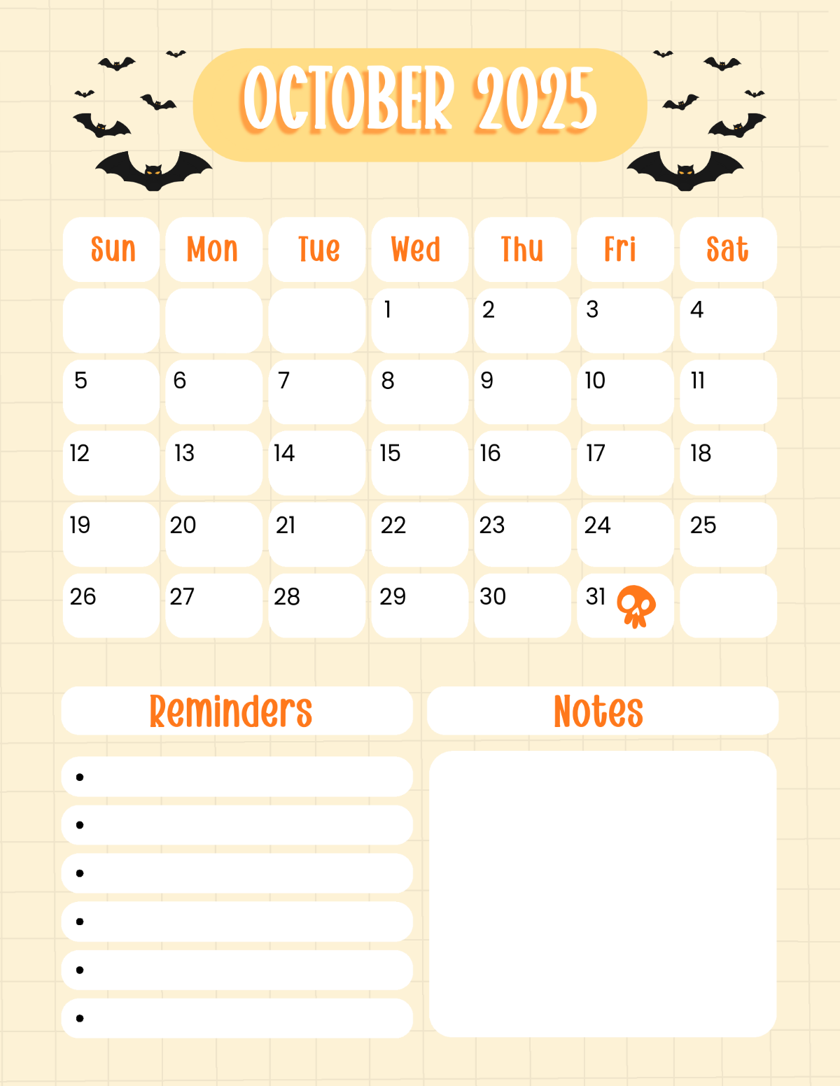 Editable Blank October 2025 Calendar Printable