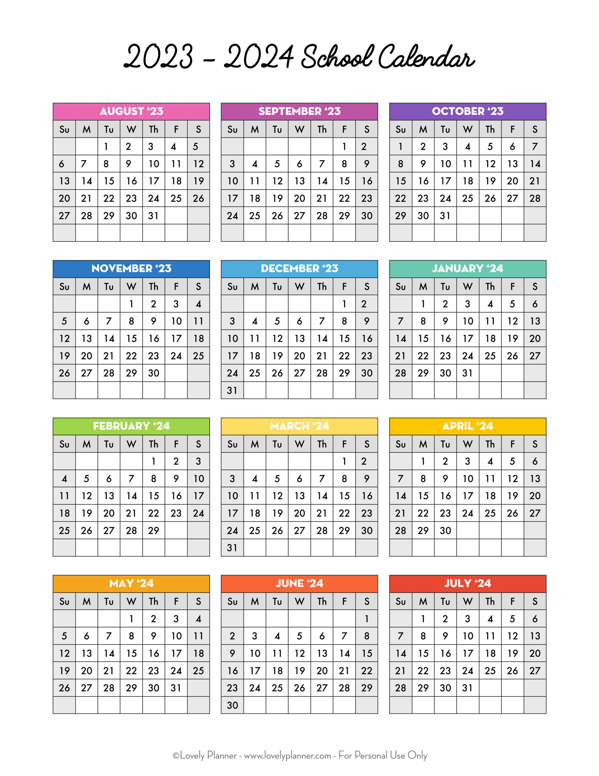 Free Printable 2023 2024 School Calendar One Page Academic Calendar Lovely Planner