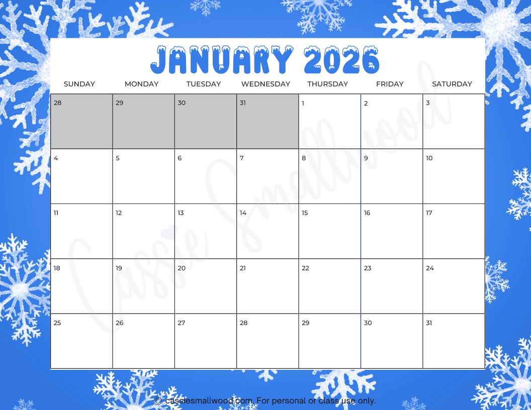 FREE PRINTABLE 2026 MONTHLY CALENDAR Cassie Smallwood FREE PRINTABLE 2026 MONTHLY CALENDAR Cassie Smallwood