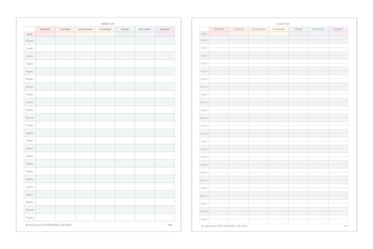 Free Printable 24 Hour Weekly Calendar Template