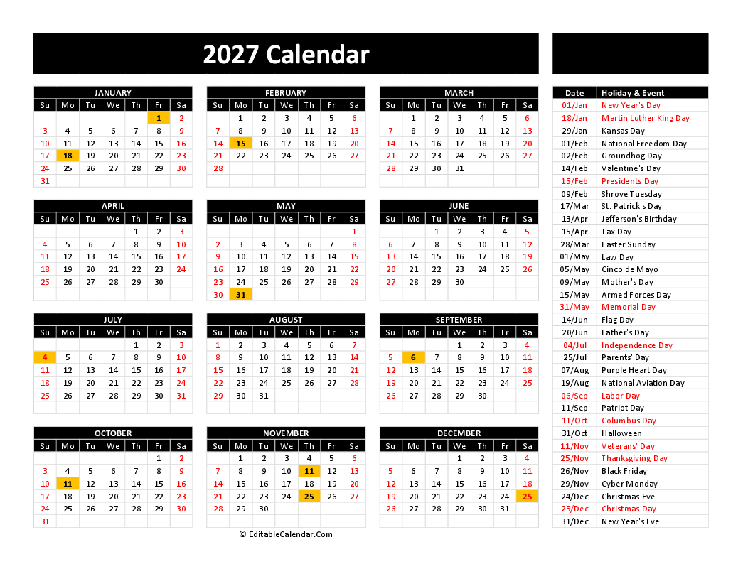 Free Printable Calendar 2027 Word PDF Excel Free Printable Calendar 2027 Word PDF Excel