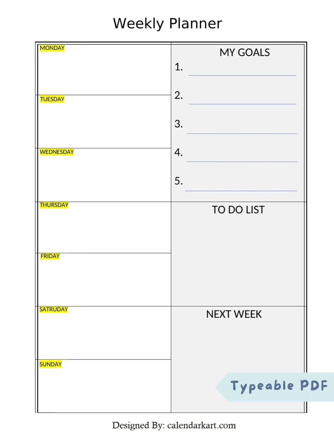 Weekly Task Calendar Printable
