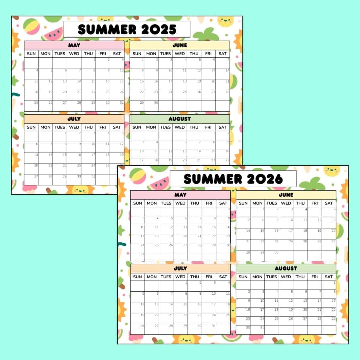 Printable June July August 2026 Calendar