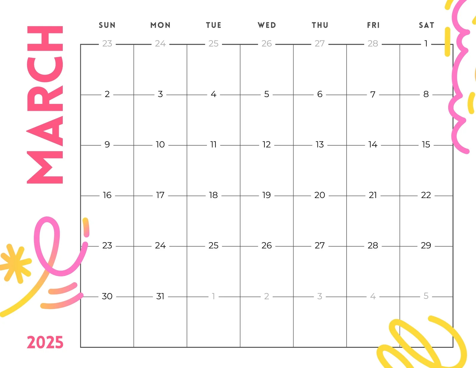 Free To Edit And Print March 2025 Calendar Templates Canva