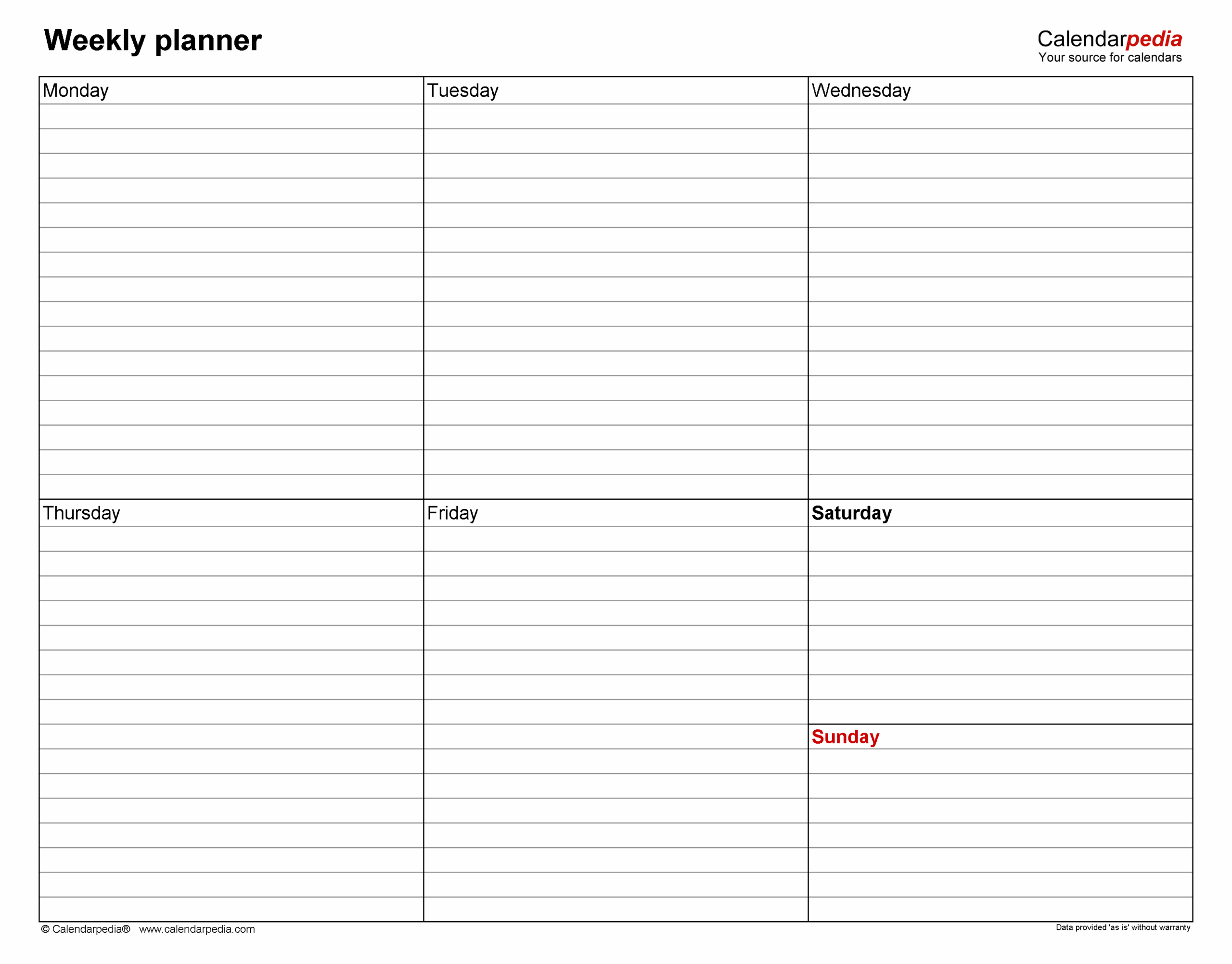 Free Printable Undated Weekly Calendar