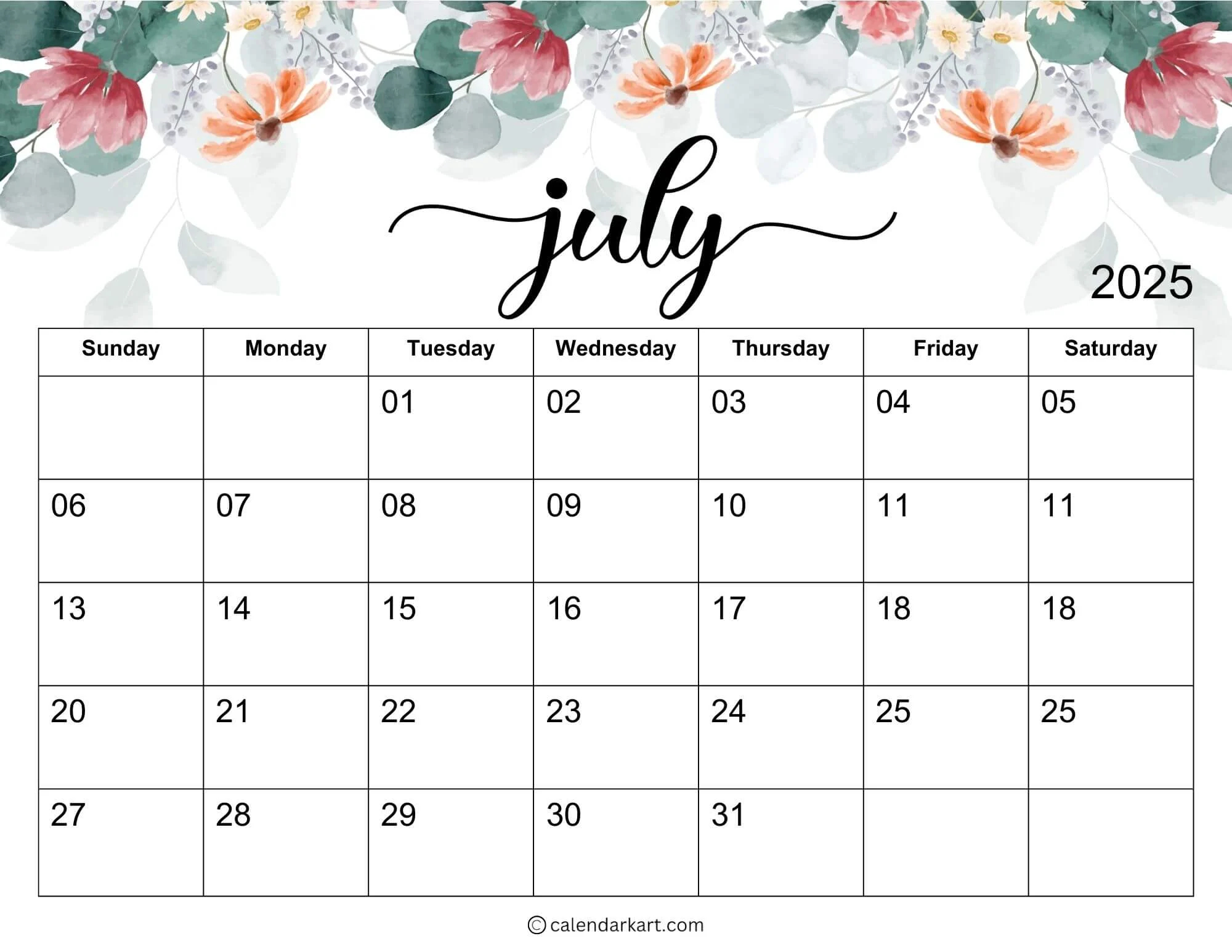 Get Free Printable July 2025 Calendar CalendarKart