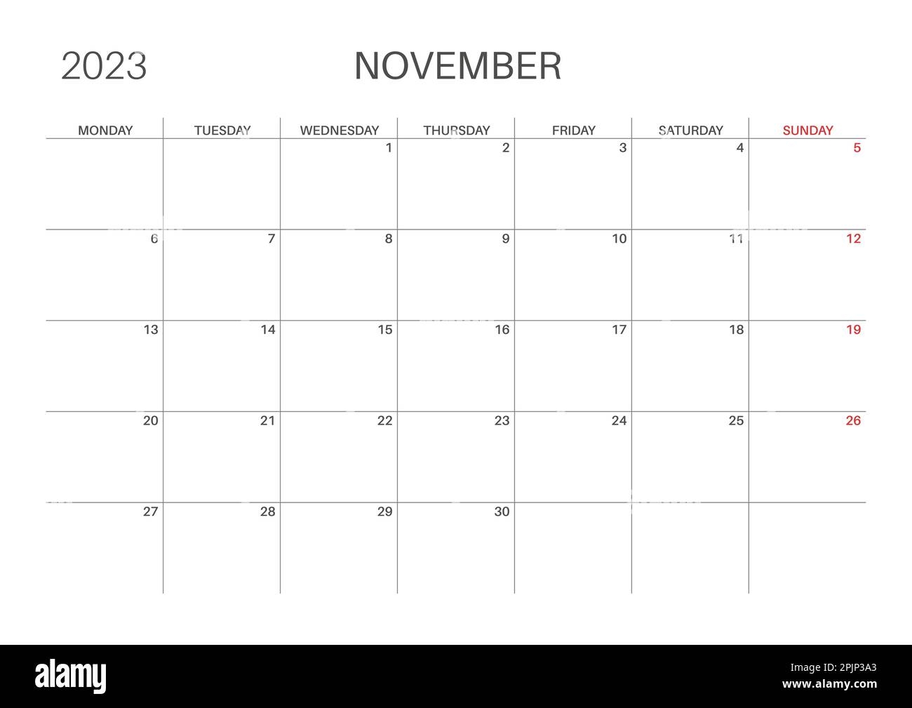 Horizontal Monthly Calendar November Calendar Template Monday Start A4 Size Simple Minimalist Design 2023 Year Monthly Planner Vector Stock Vector Image Art Alamy