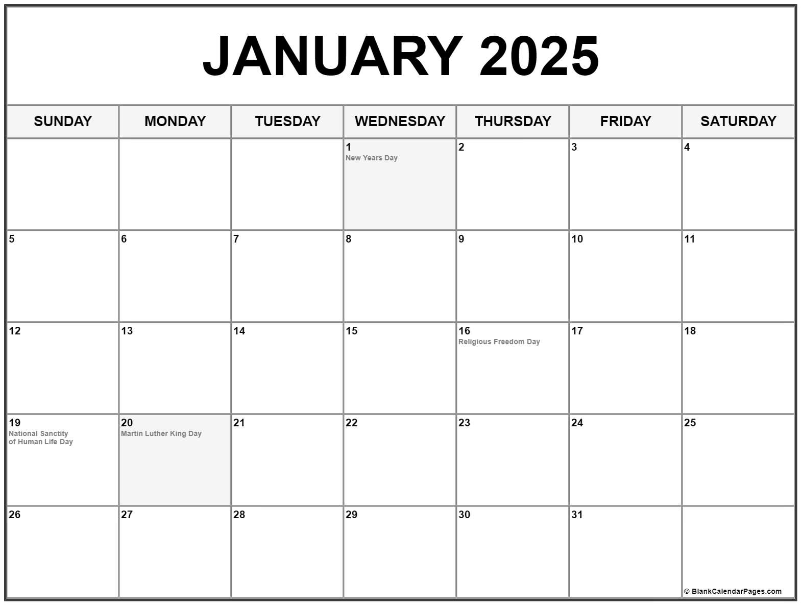 January 2025 With Holidays Calendar January 2025 With Holidays Calendar