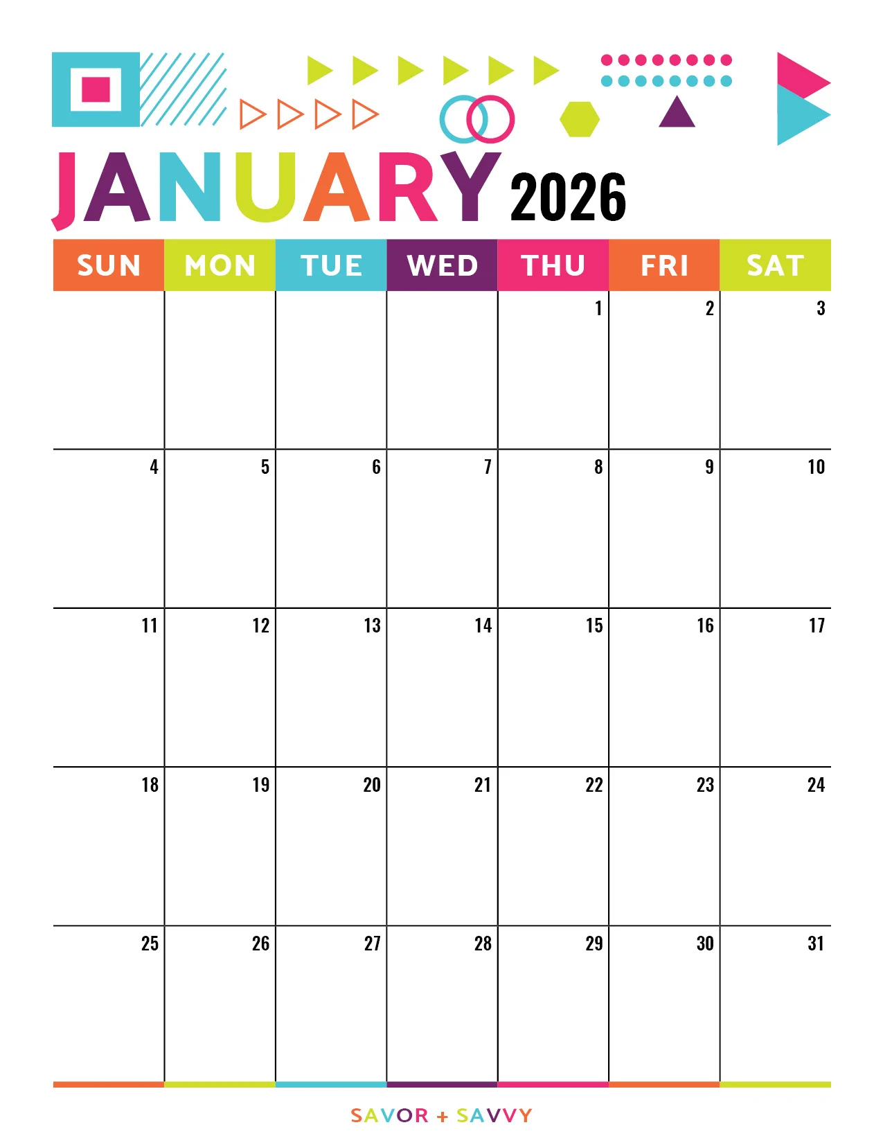 January 2026 Calendar Templates 14 Free Printables Savor Savvy