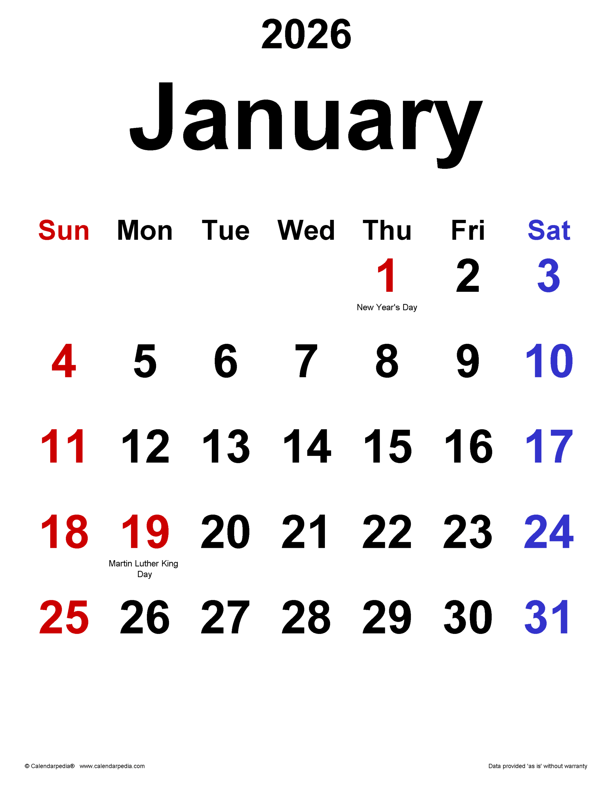 January 2026 Calendar Templates For PDF Excel And Word