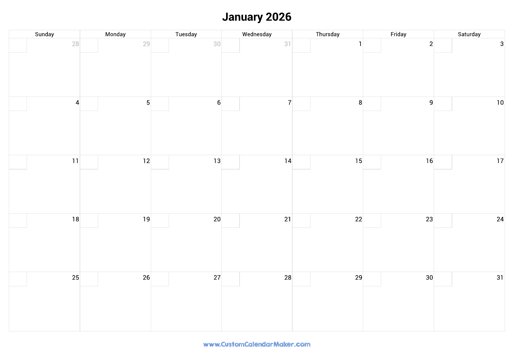 January 2026 Calendar With Checkboxes Custom Calendar Maker