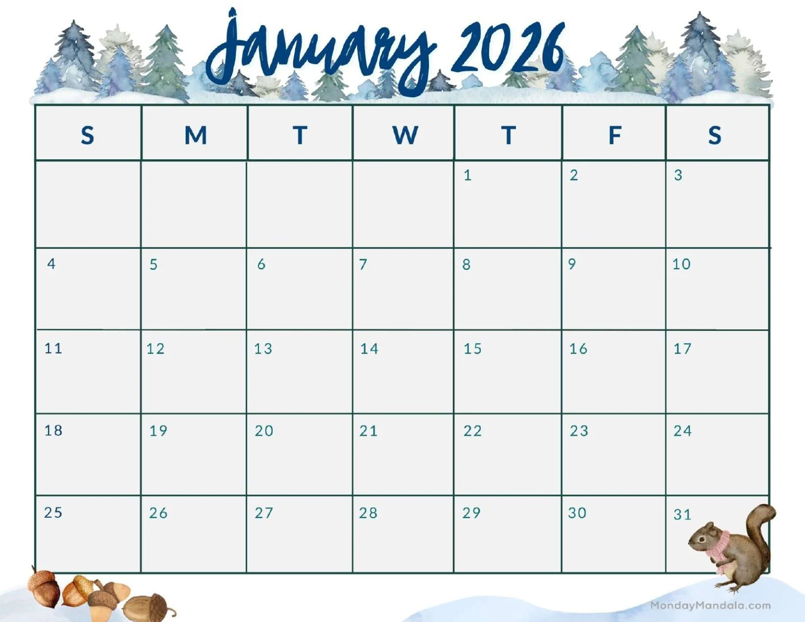 Printable January Calendar 2026