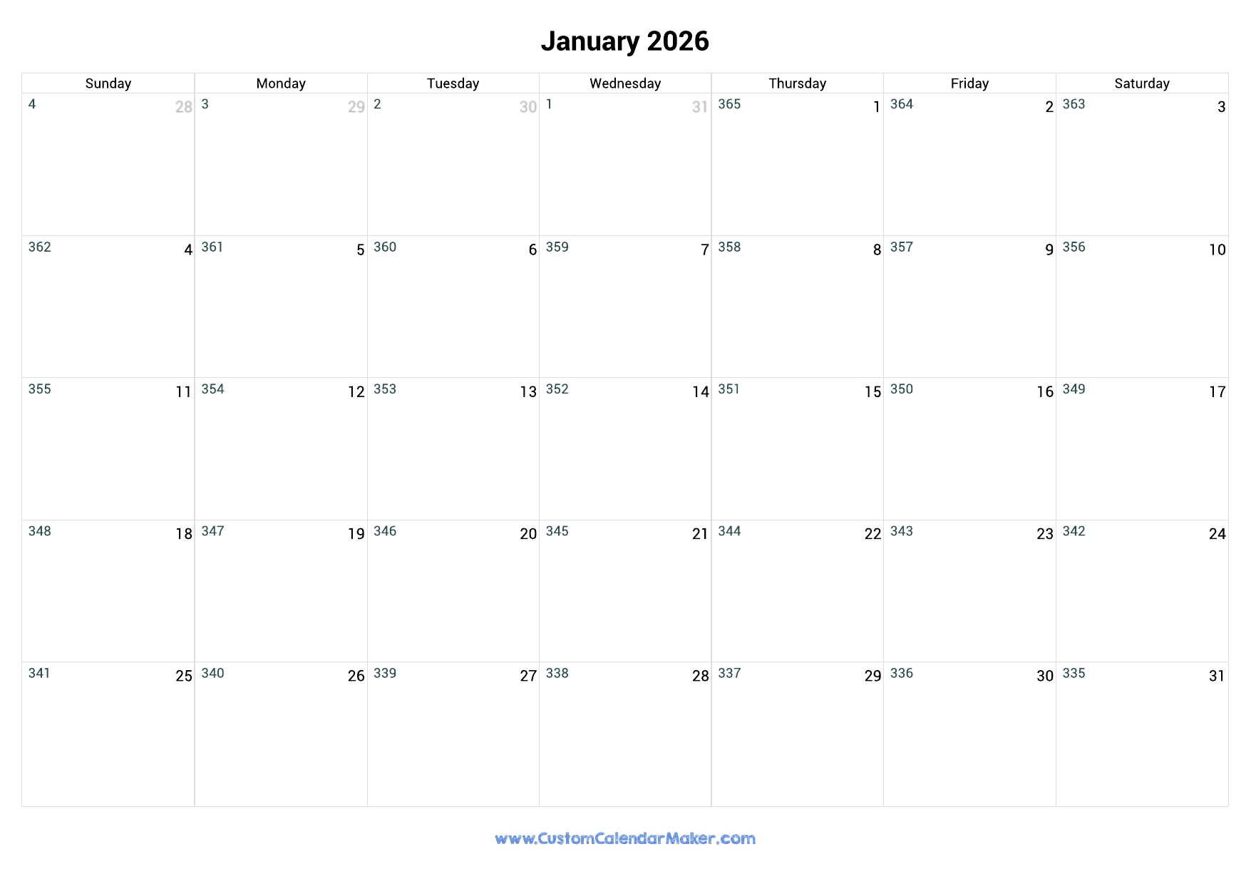 January 2026 Remaining Days Calendar Custom Calendar Maker