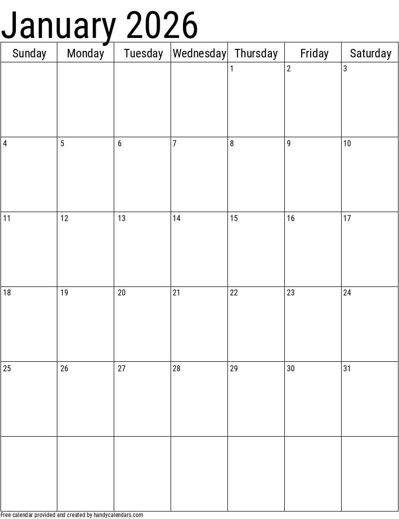 January 2026 Vertical Calendar Handy Calendars