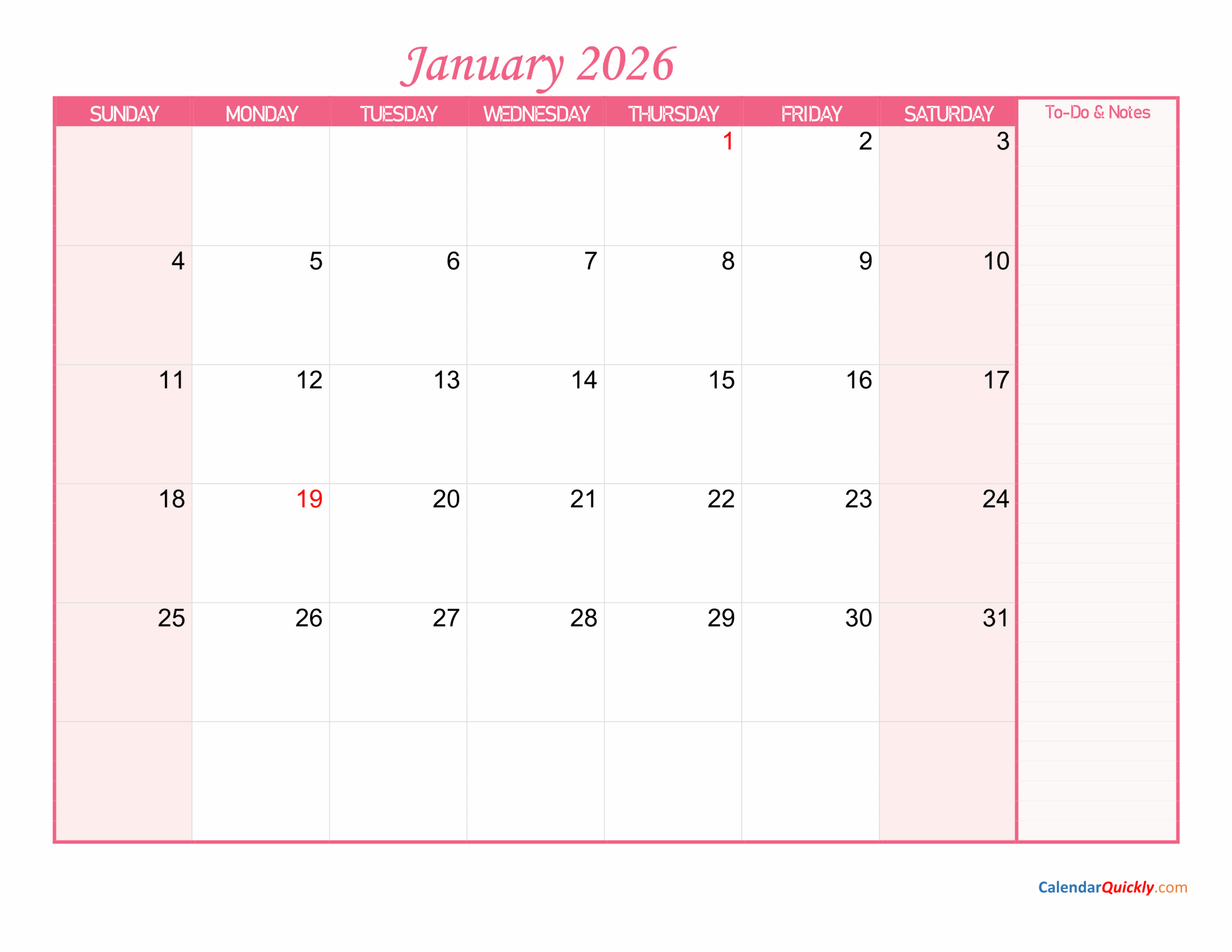 January 2026 Printable Calendar