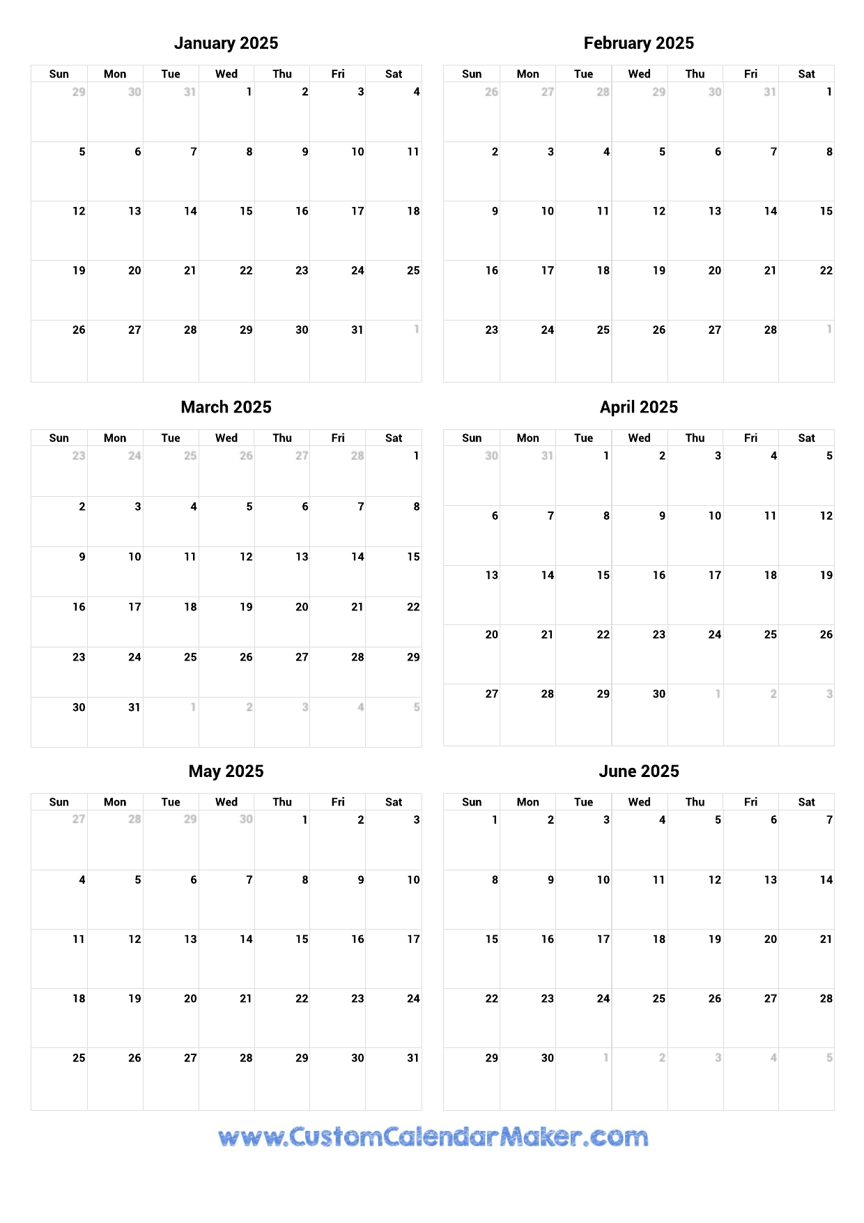 January To June 2025 Printable Calendar Custom Calendar Maker January To June 2025 Printable Calendar Custom Calendar Maker