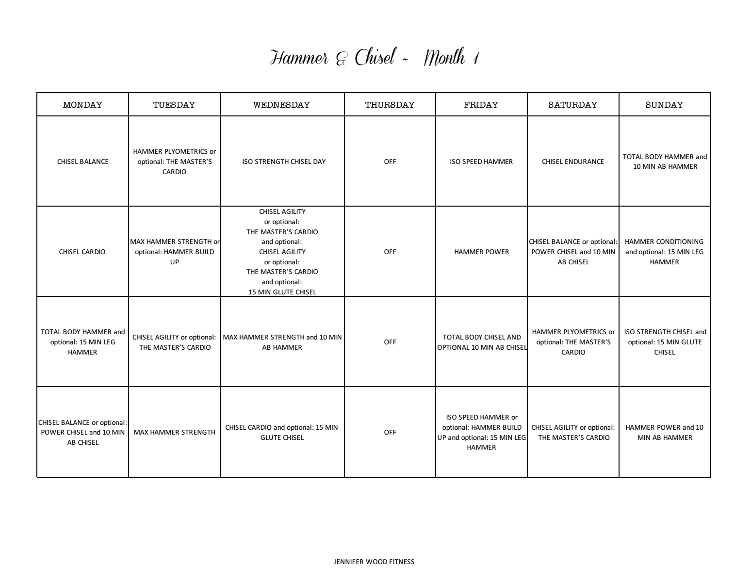 Jennifer Wood Fitness Hammer And Chisel Workout Printable Schedule