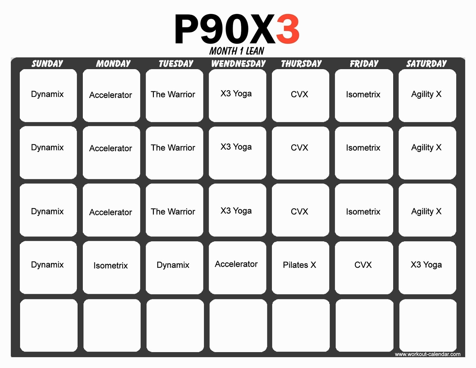 P90x3 Lean Printable Calendar