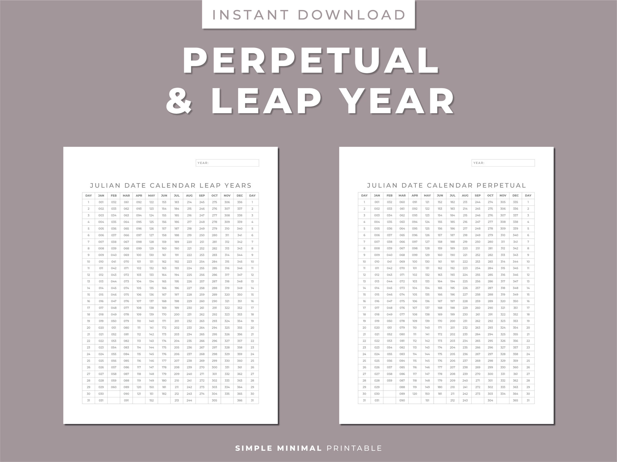 Julian Date Calendar Project Management Perpetual leap Yr Productivity Planner Planner Insert Letter a4 Printable PDF Simple Minimal Etsy