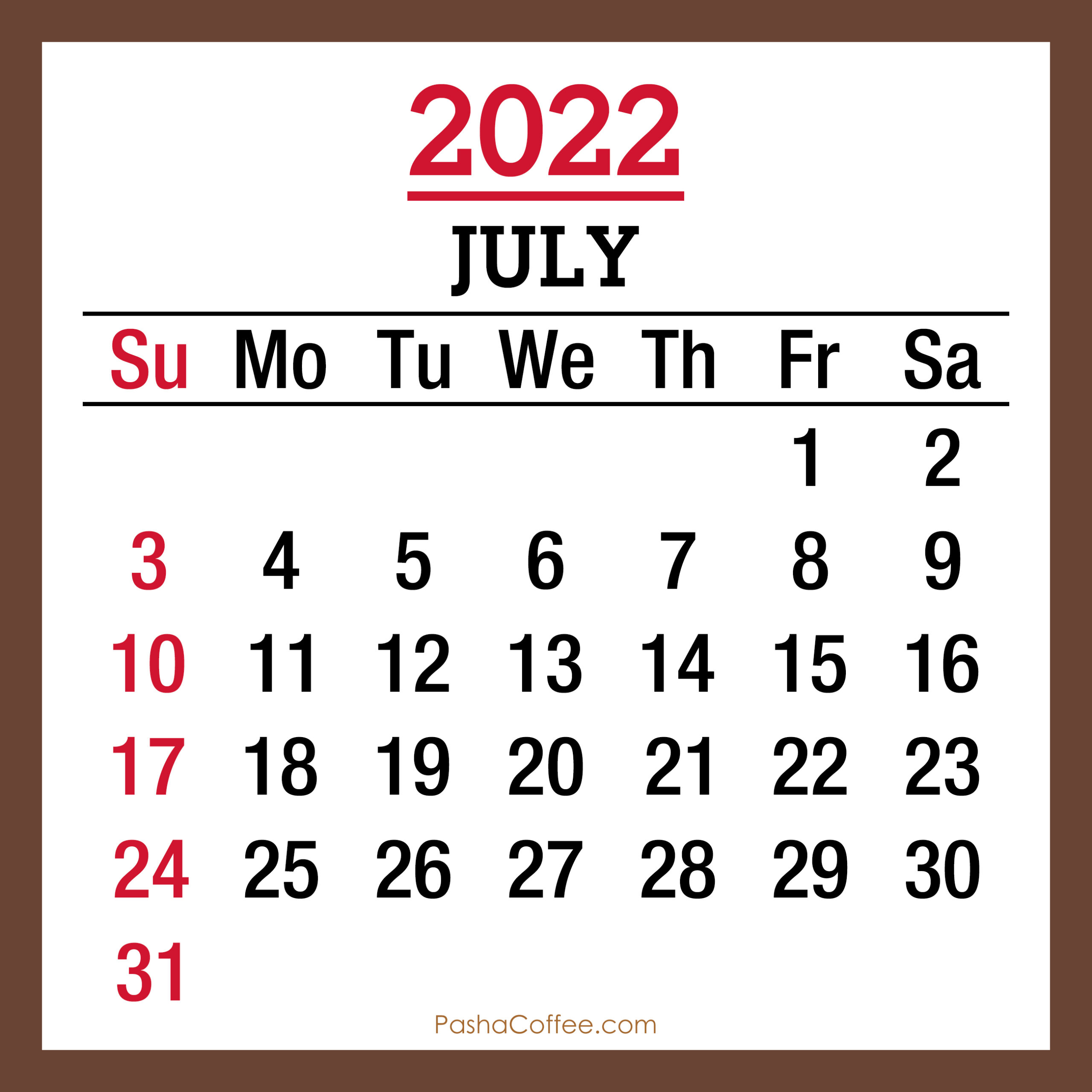 July Month Calendar Printable
