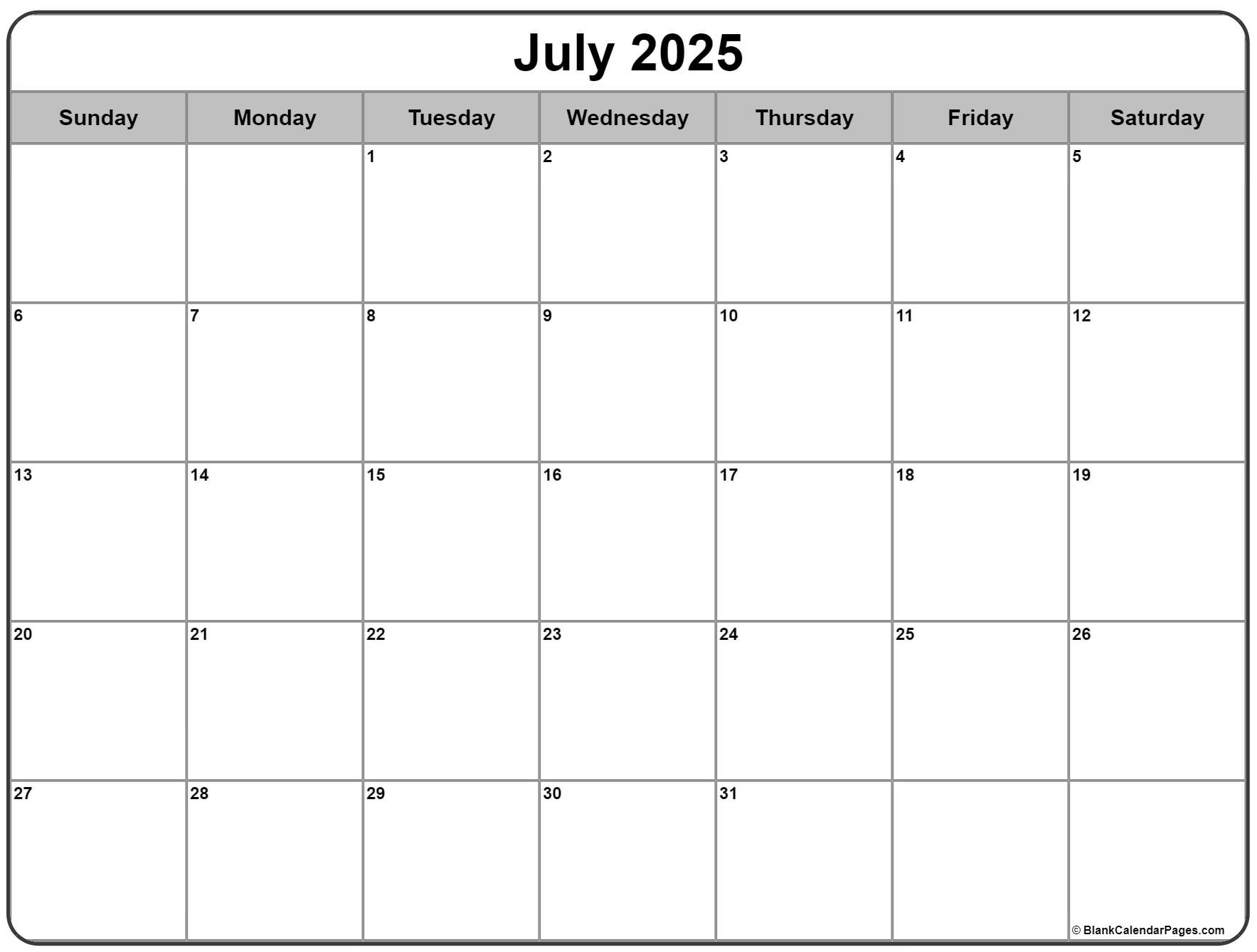 July 2025 Calendar Free Printable Calendars July 2025 Calendar Free Printable Calendars