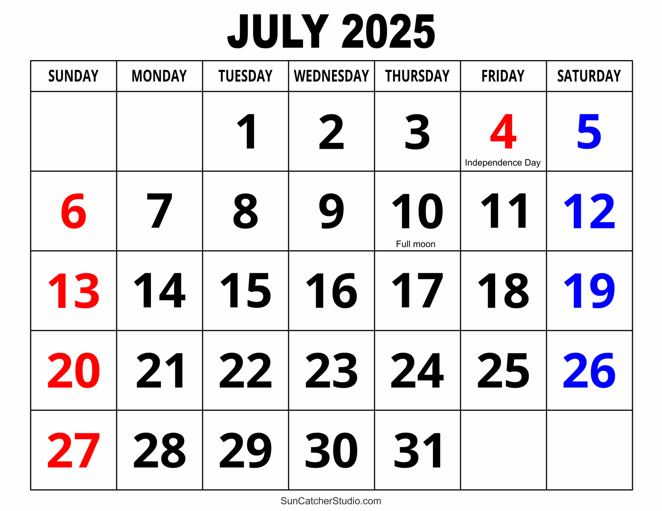 July 2025 Calendar With Holidays Printable Free