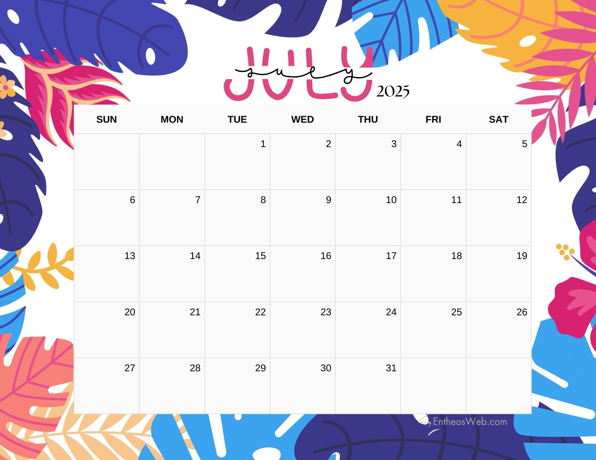 July Printable Monthly Calendar 2025