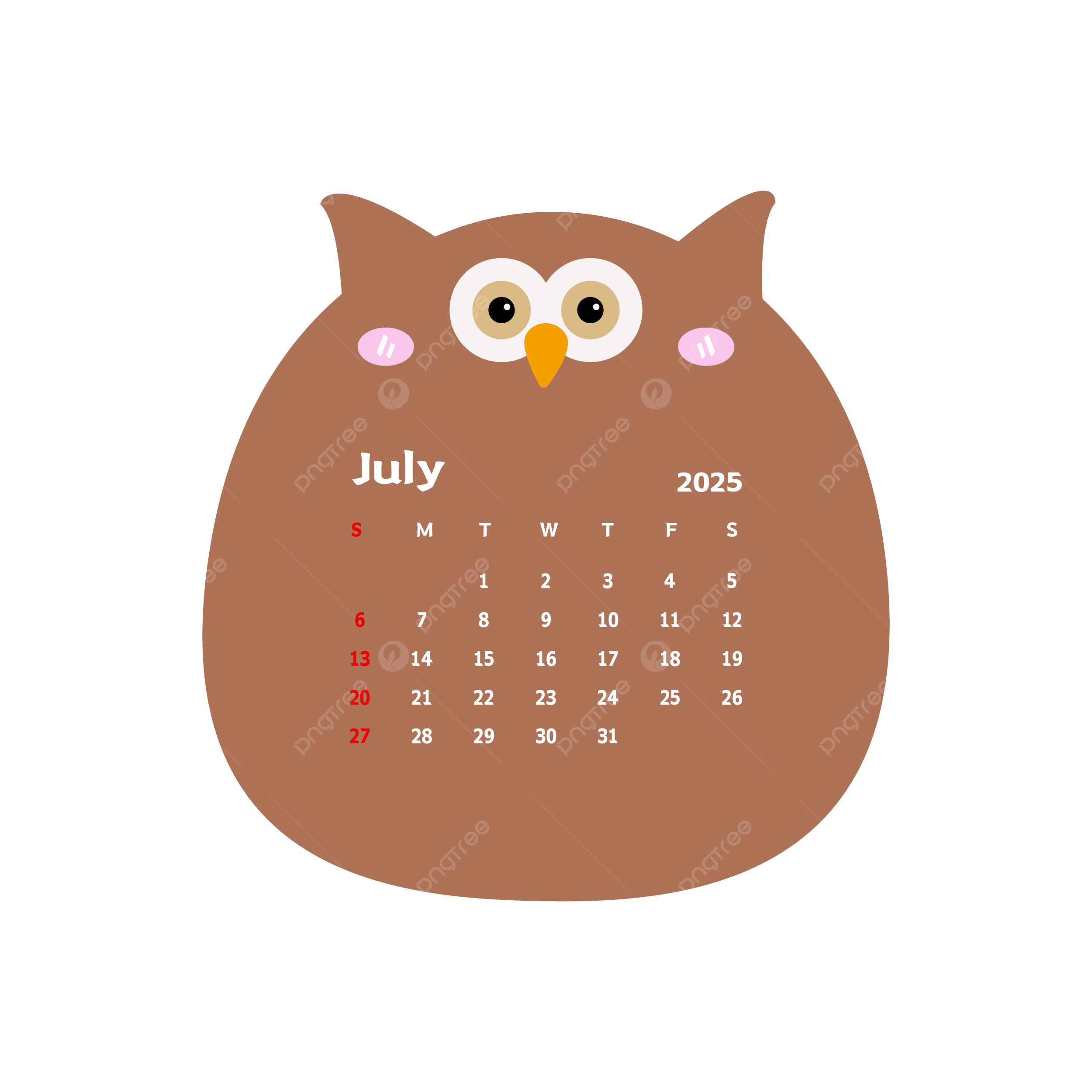 July 2025 Monthly Calendar With Cute Owl Cartoon Vector Owl Clipart Cute Clipart Calendar Clipart PNG And Vector With Transparent Background For Free Download