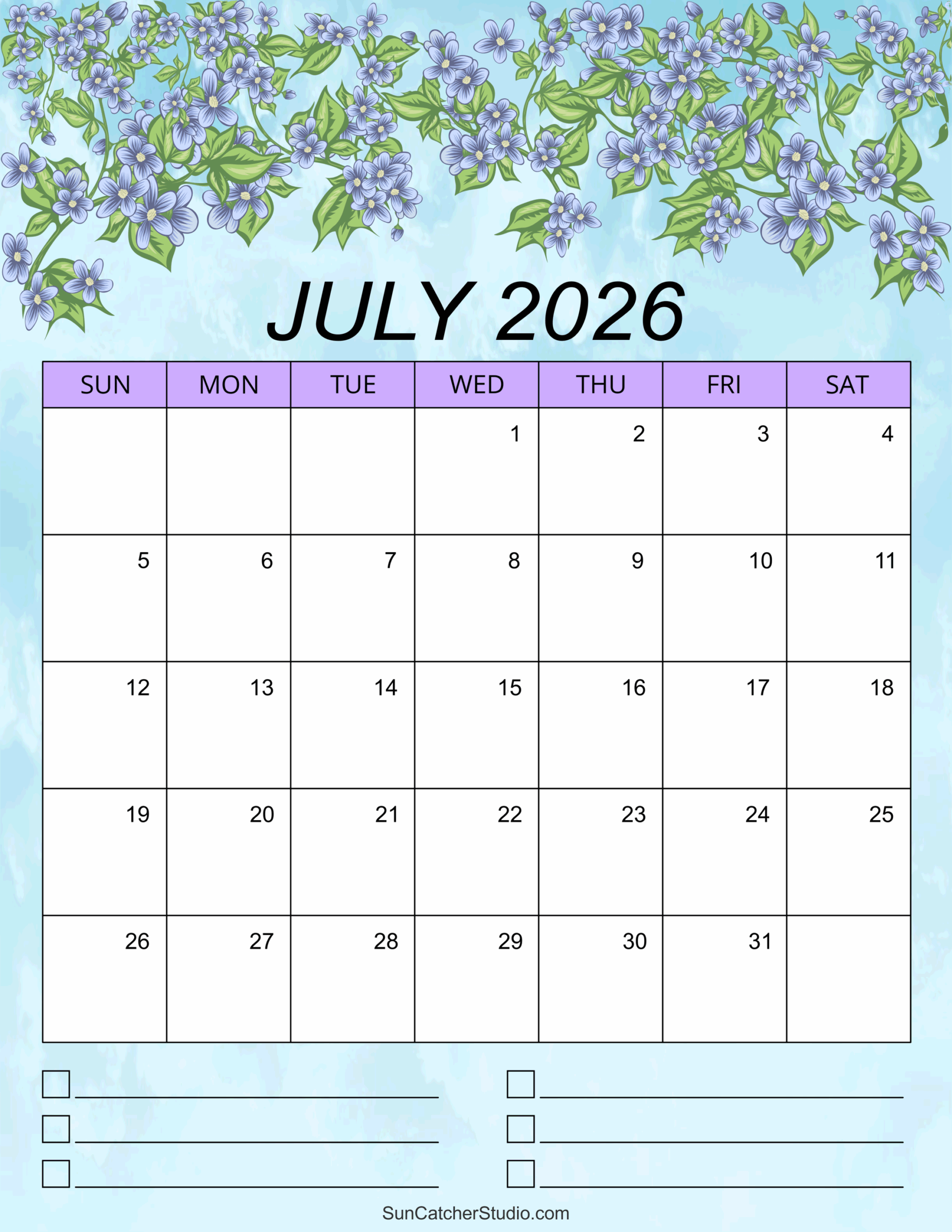Monthly Calendar Printable July 2026
