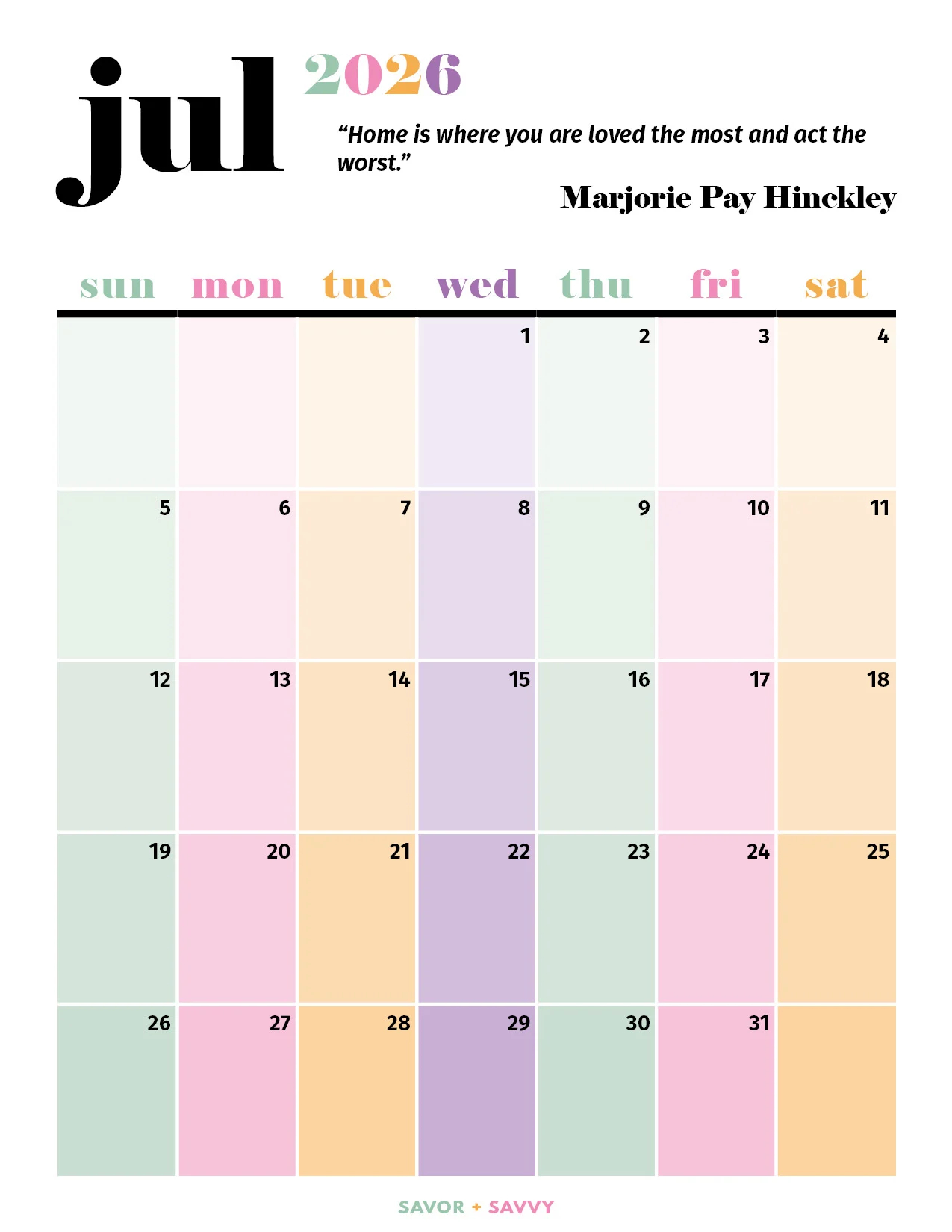 July Monthly Calendar 2026 Printable