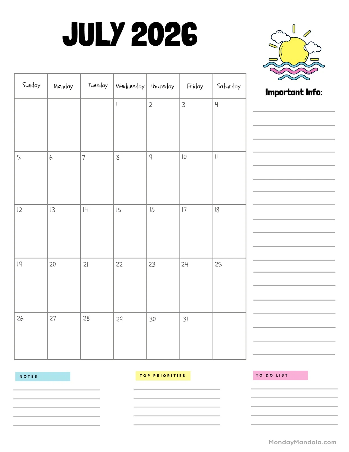 July 2026 Calendars 52 Free PDF Printables 