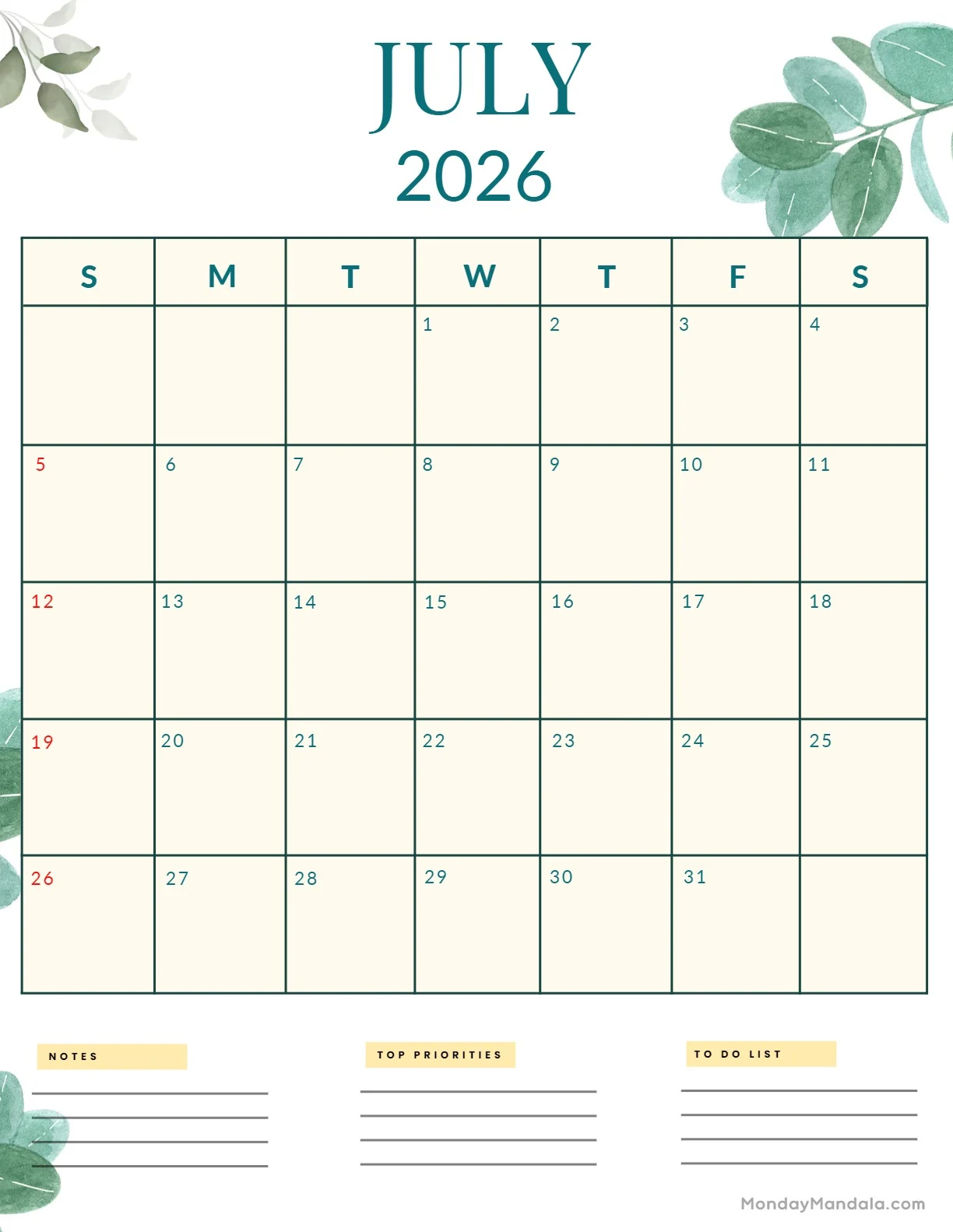 July 2026 Calendars 52 Free PDF Printables 