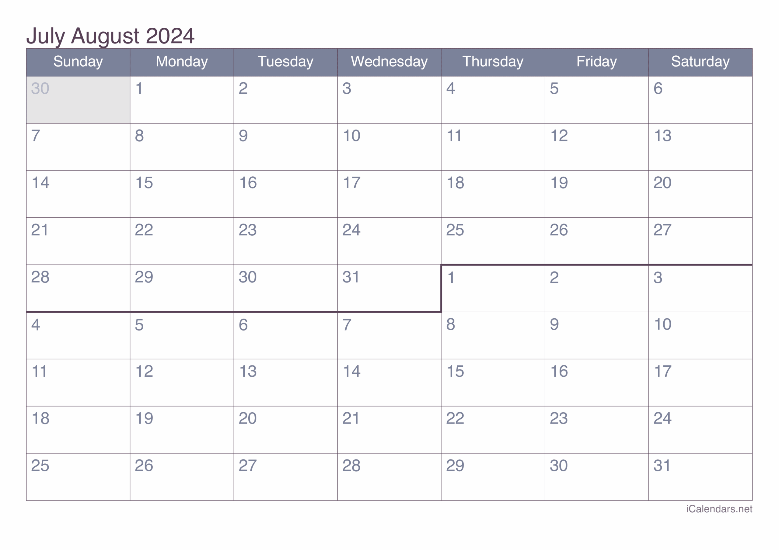 July And August 2024 Printable Calendar