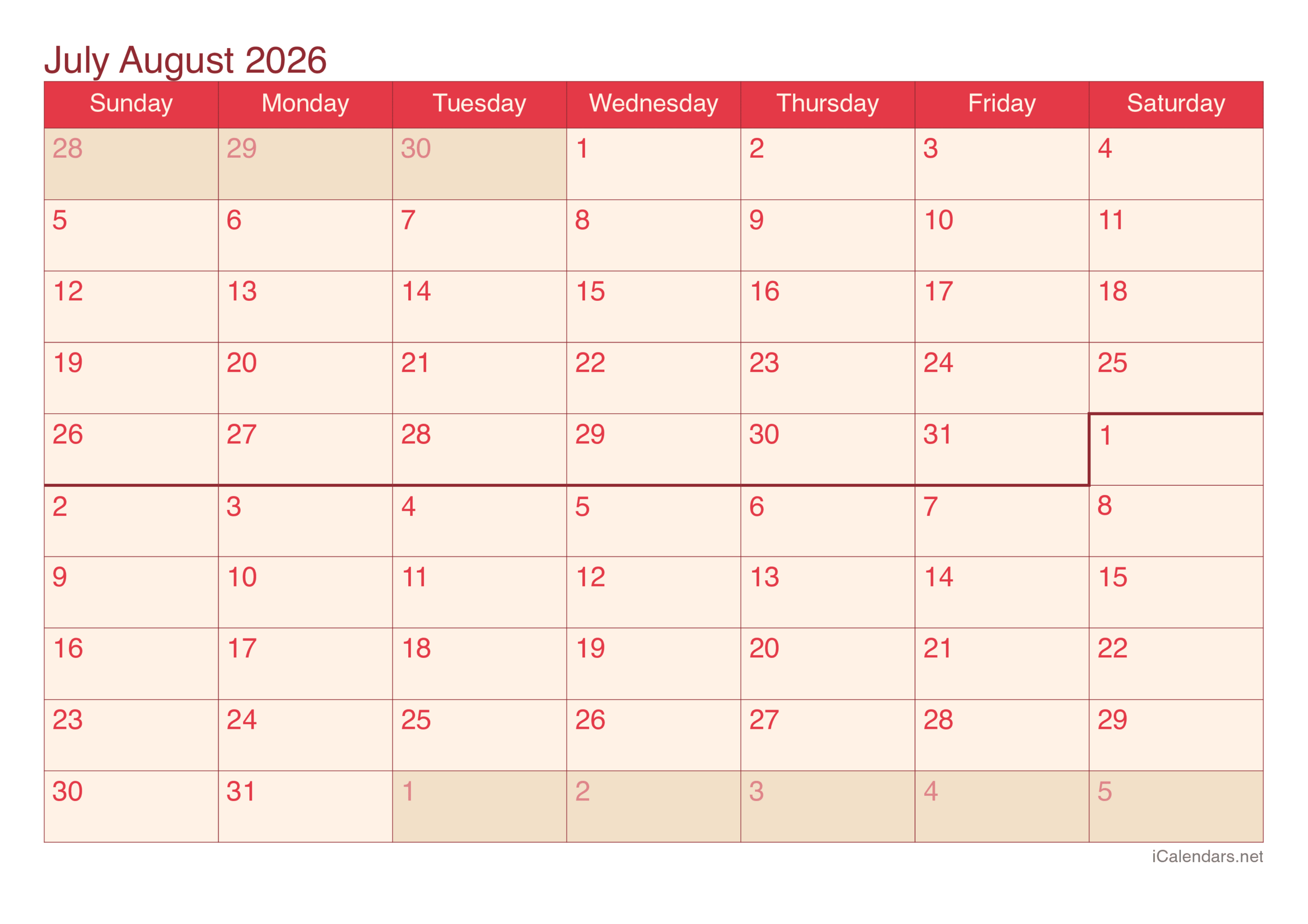 July And August 2026 Printable Calendar