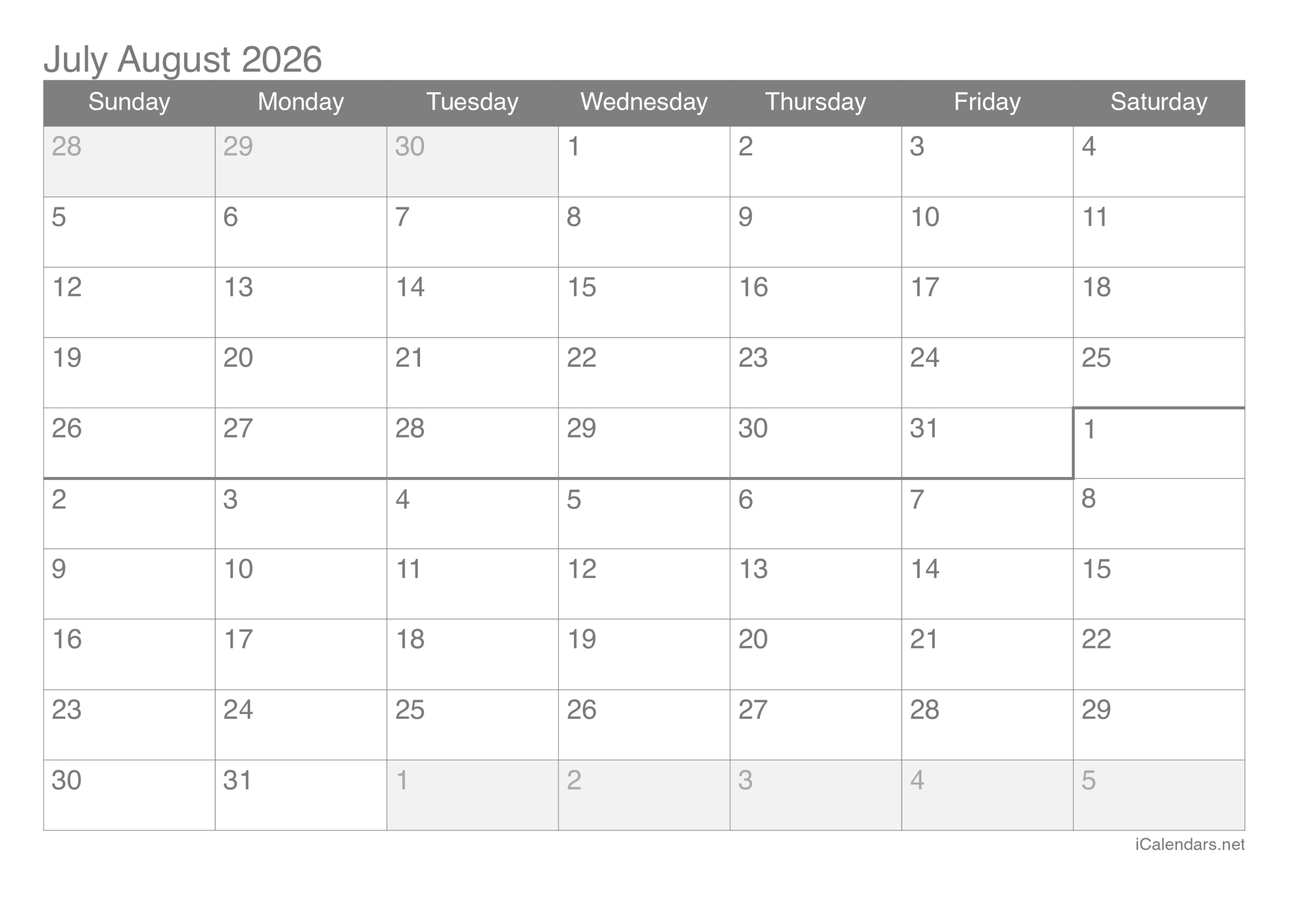 2026 August Printable Calendar