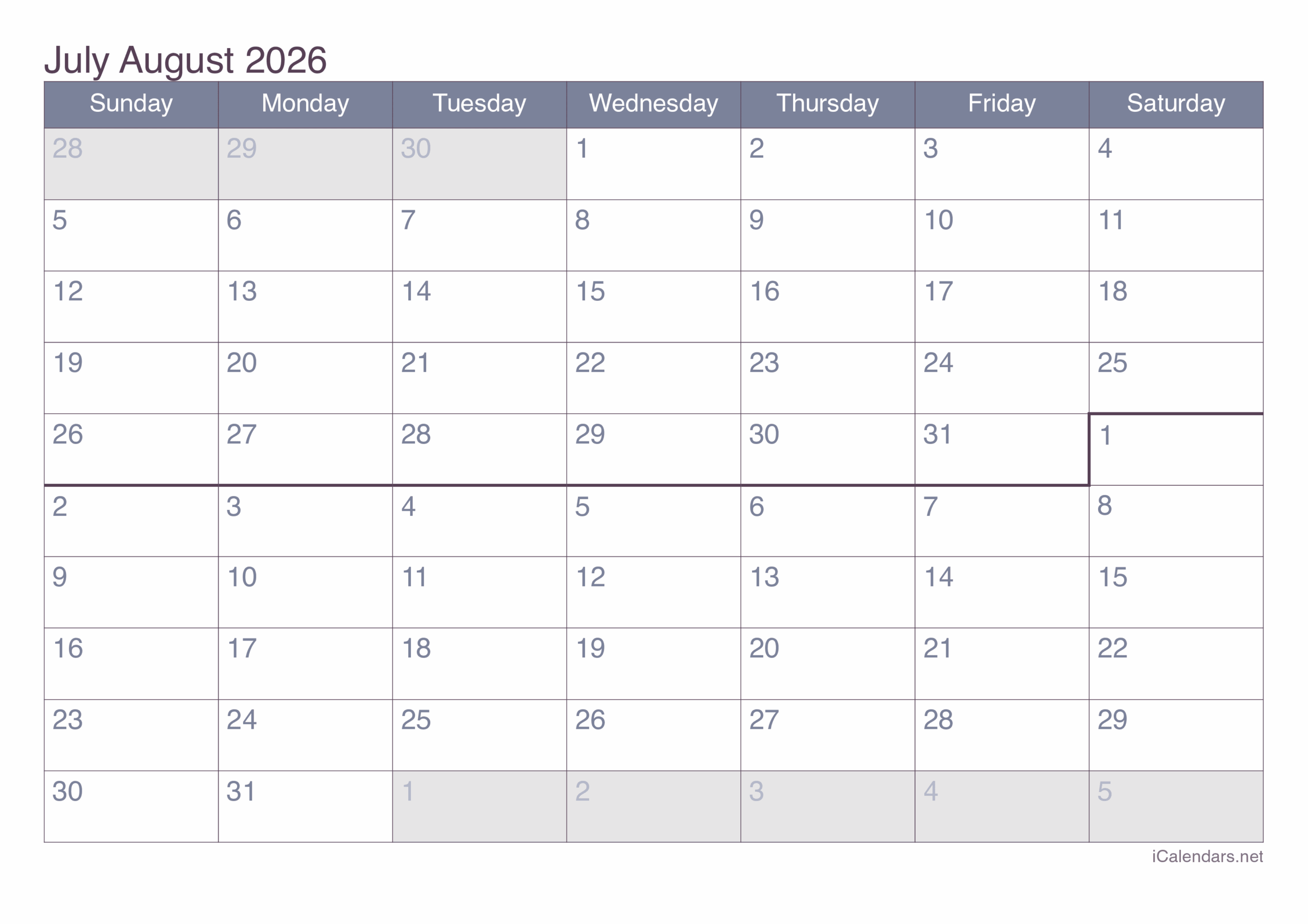 July And August 2026 Printable Calendar