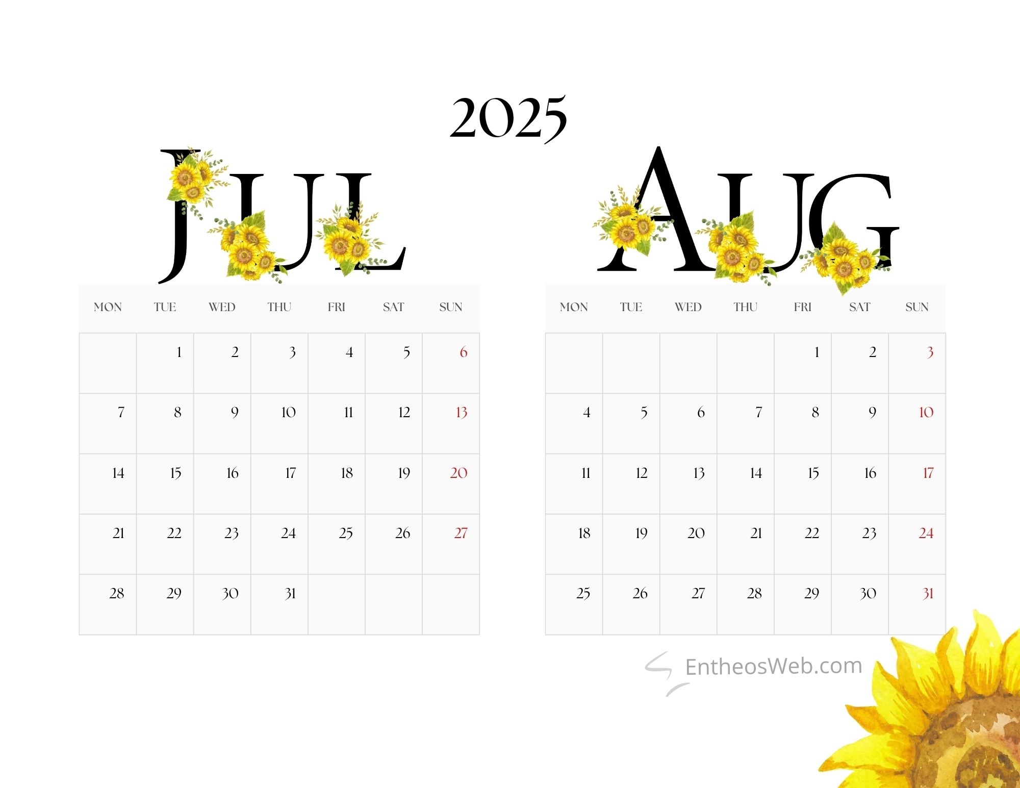 July August 2025 2 Month Calendars EntheosWeb