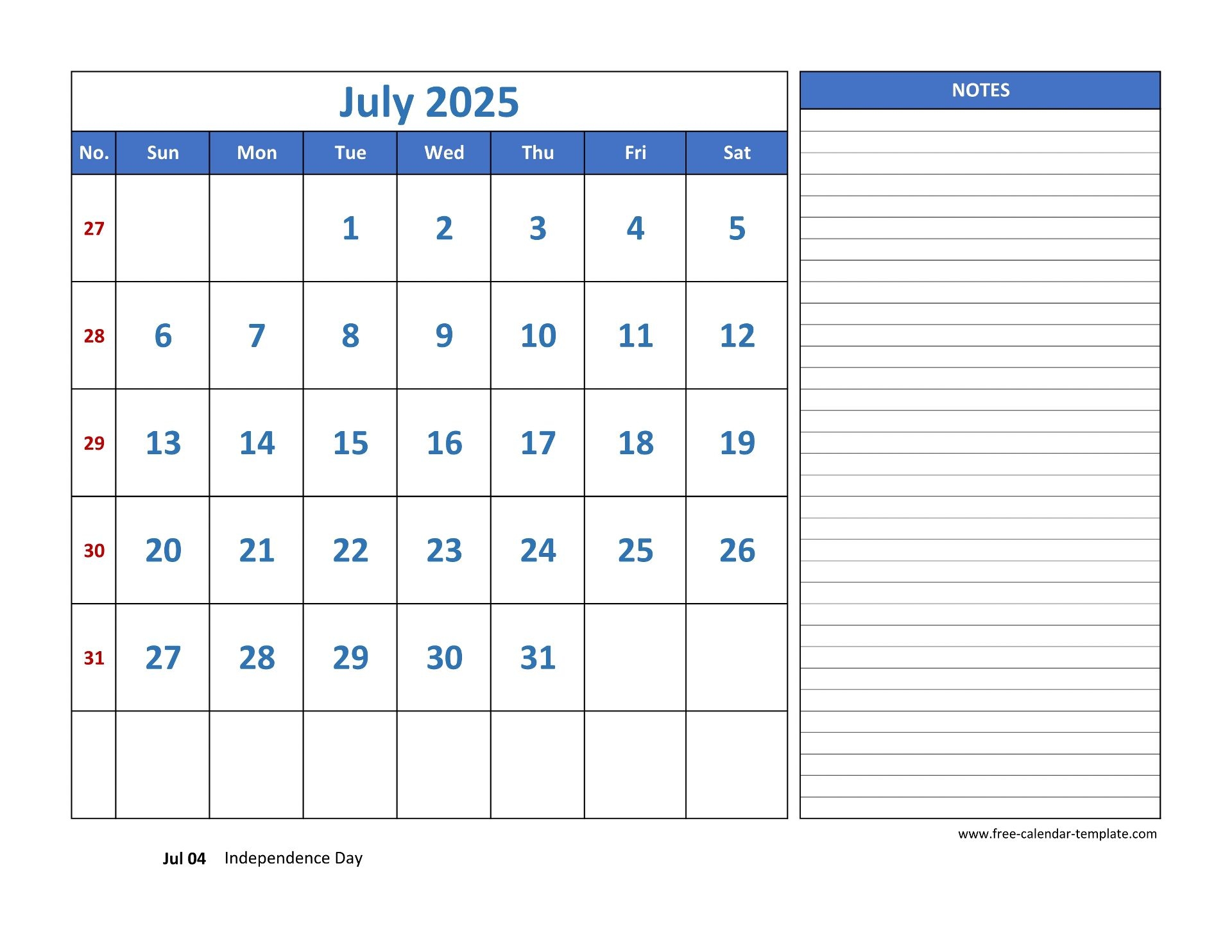 July Calendar 2025 Grid Lines For Holidays And Notes horizontal Free Calendar template