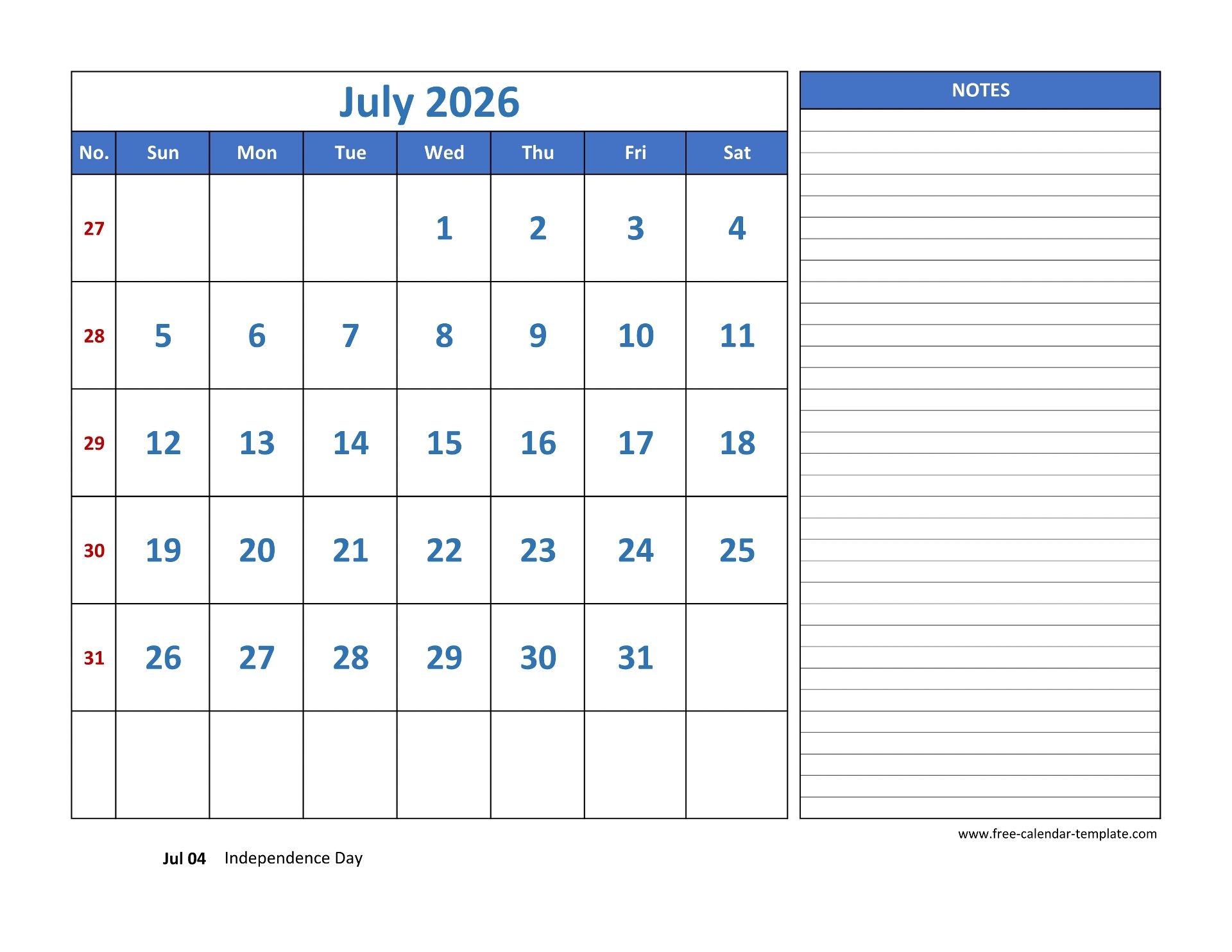 july calendar 2026 grid lines for holidays and notes horizontal free calendar template july calendar 2026 grid lines for holidays and notes horizontal free calendar template