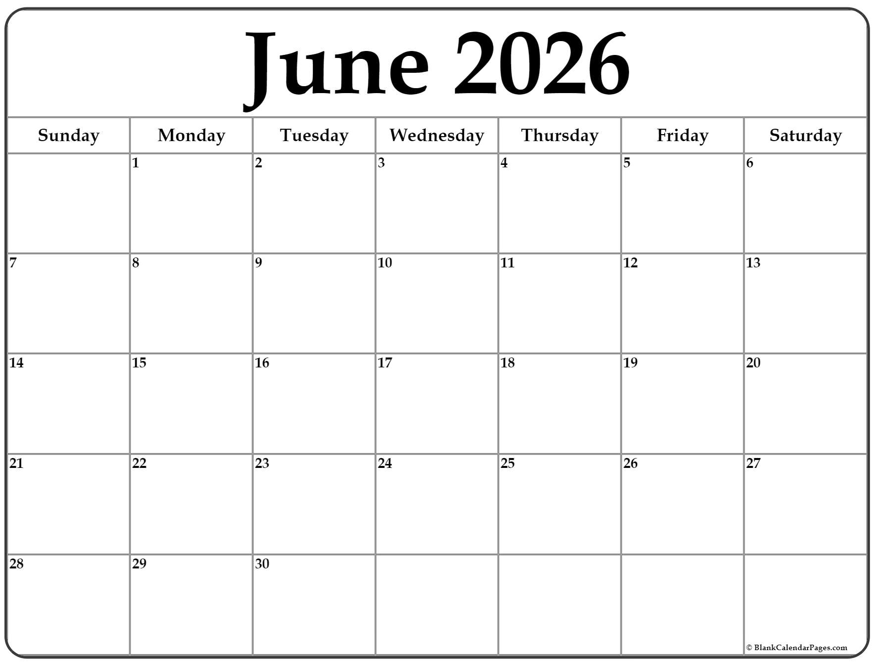 June 2026 Calendar Free Printable Calendars