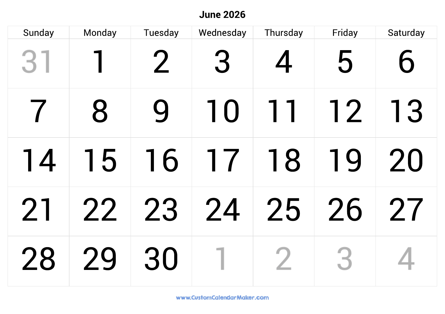 Printable Weekly Calendar June 2026