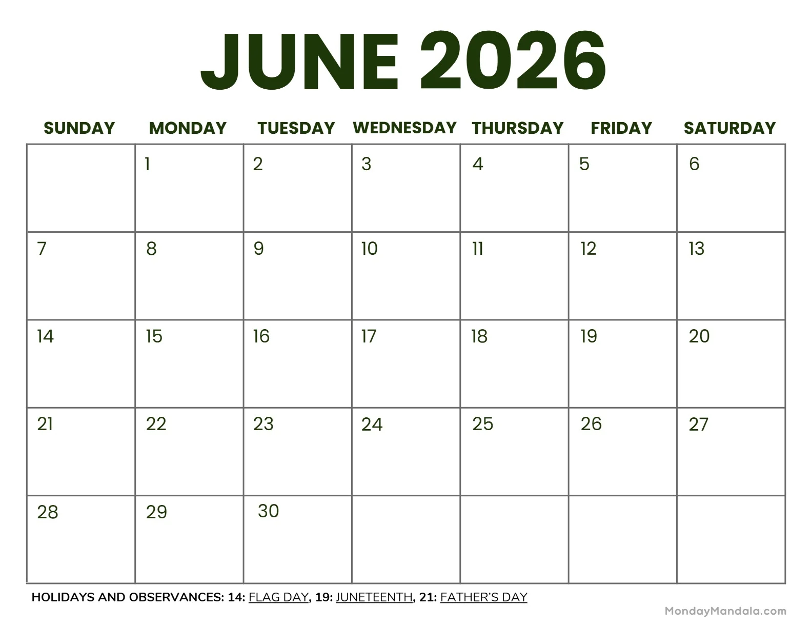 Blank June Calendar 2026 Printable