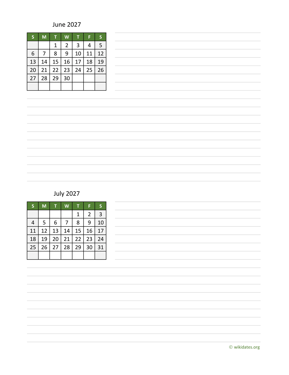 Printable Calendar For June Julyaugust 2027