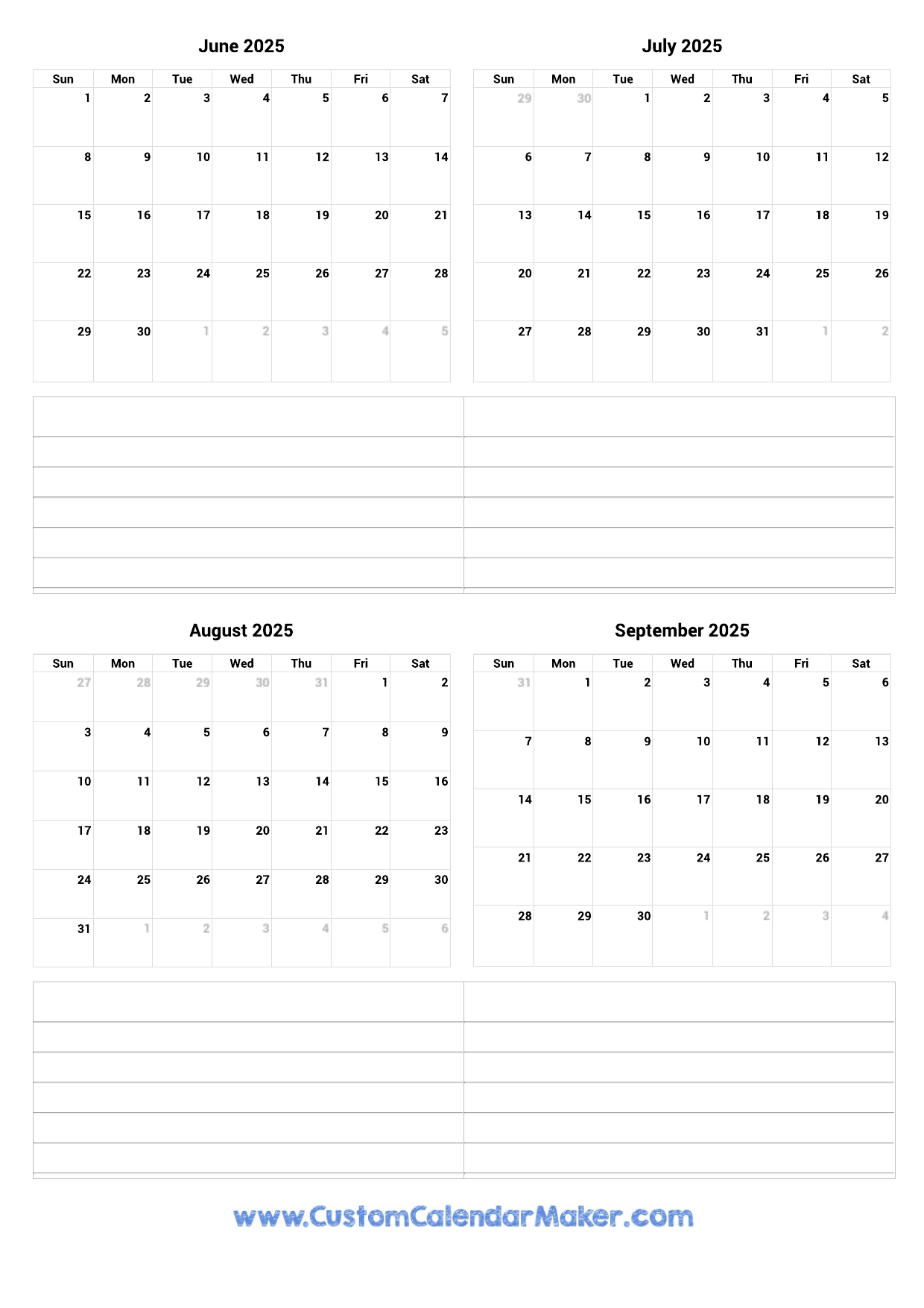 June Calendar 2025 Printable September Calendar 2026 Printable