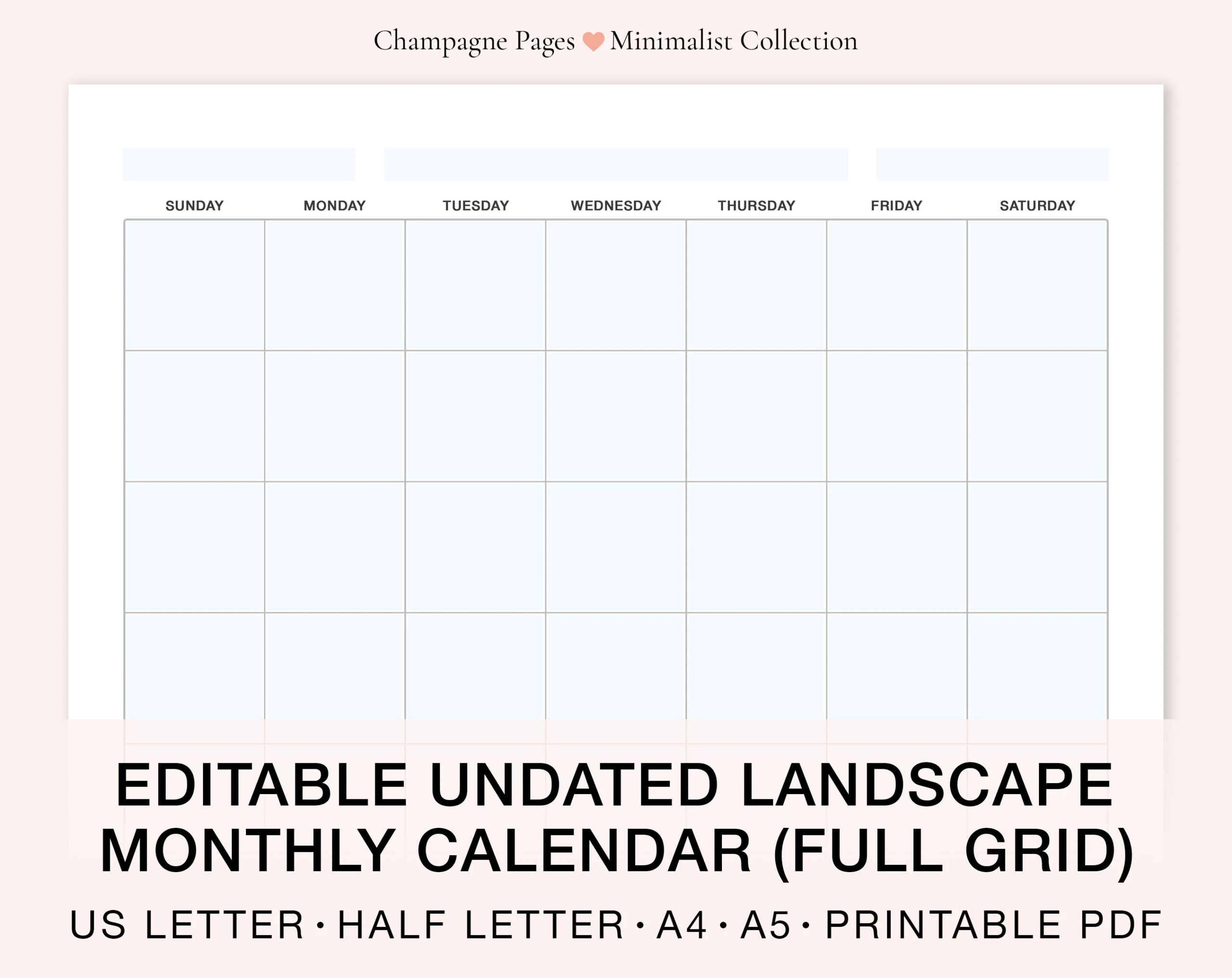 Landscape Editable fillable Blank Monthly Calendar Horizontal Undated Calendar Printable PDF Calendar Template A5 A4 US Letter half Size Etsy
