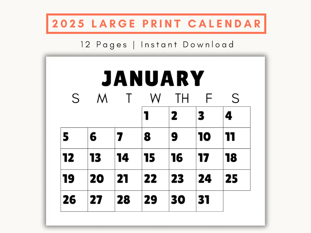 Large Print 2025 Monthly Calendar Senior Citizen Friendly printable PDF Etsy