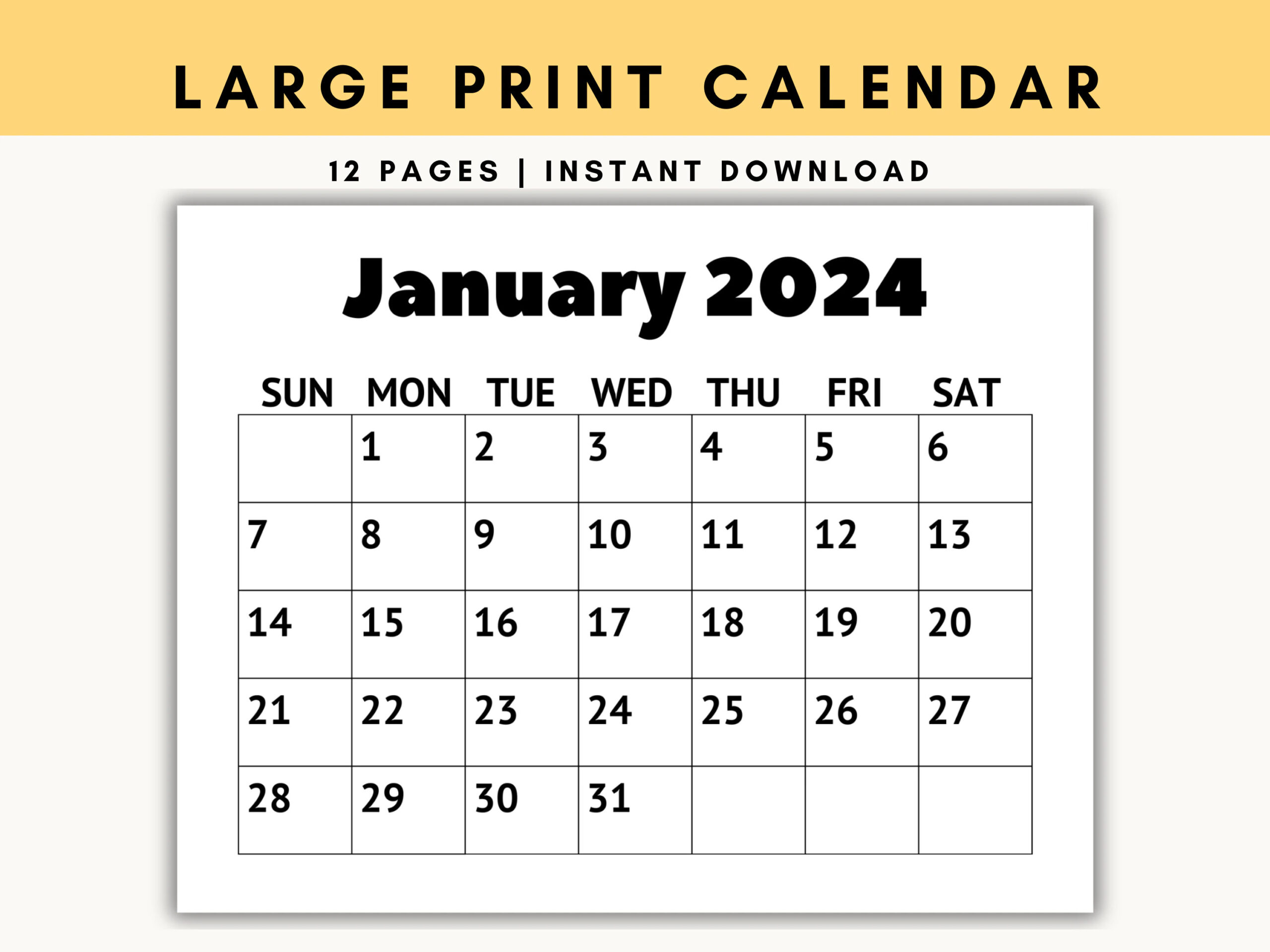 Large Print Calendar 2024 Monthly Calendar Calendar For Senior Citizens Calendar With Large Numbers Printable Calendar Sunday Start Etsy