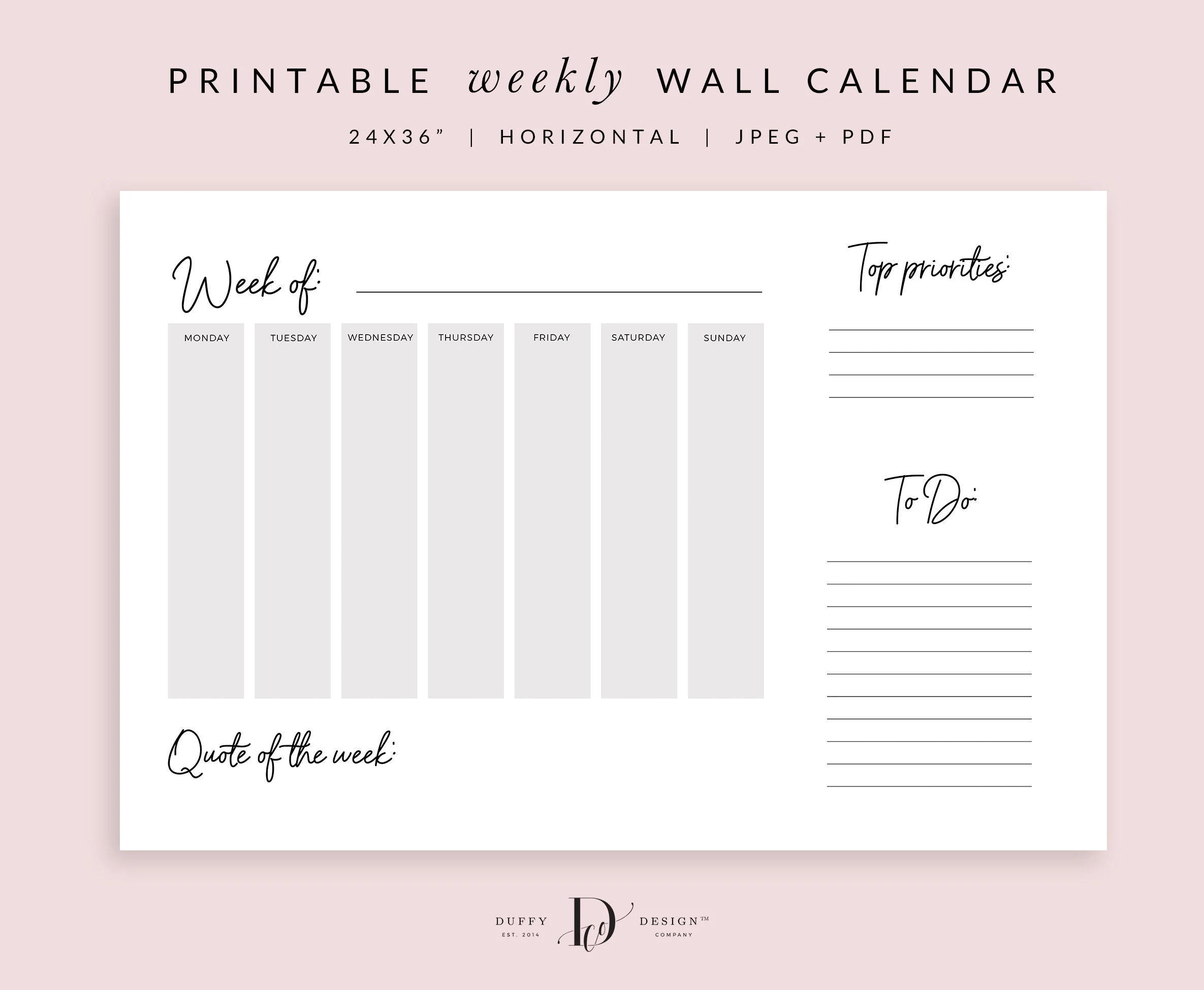 Large Weekly Wall Calendar PRINTABLE Weekly Schedule Board Large Wall Calendar Big Wall Calendar Family Planner Weekly Planner 24x36 Etsy