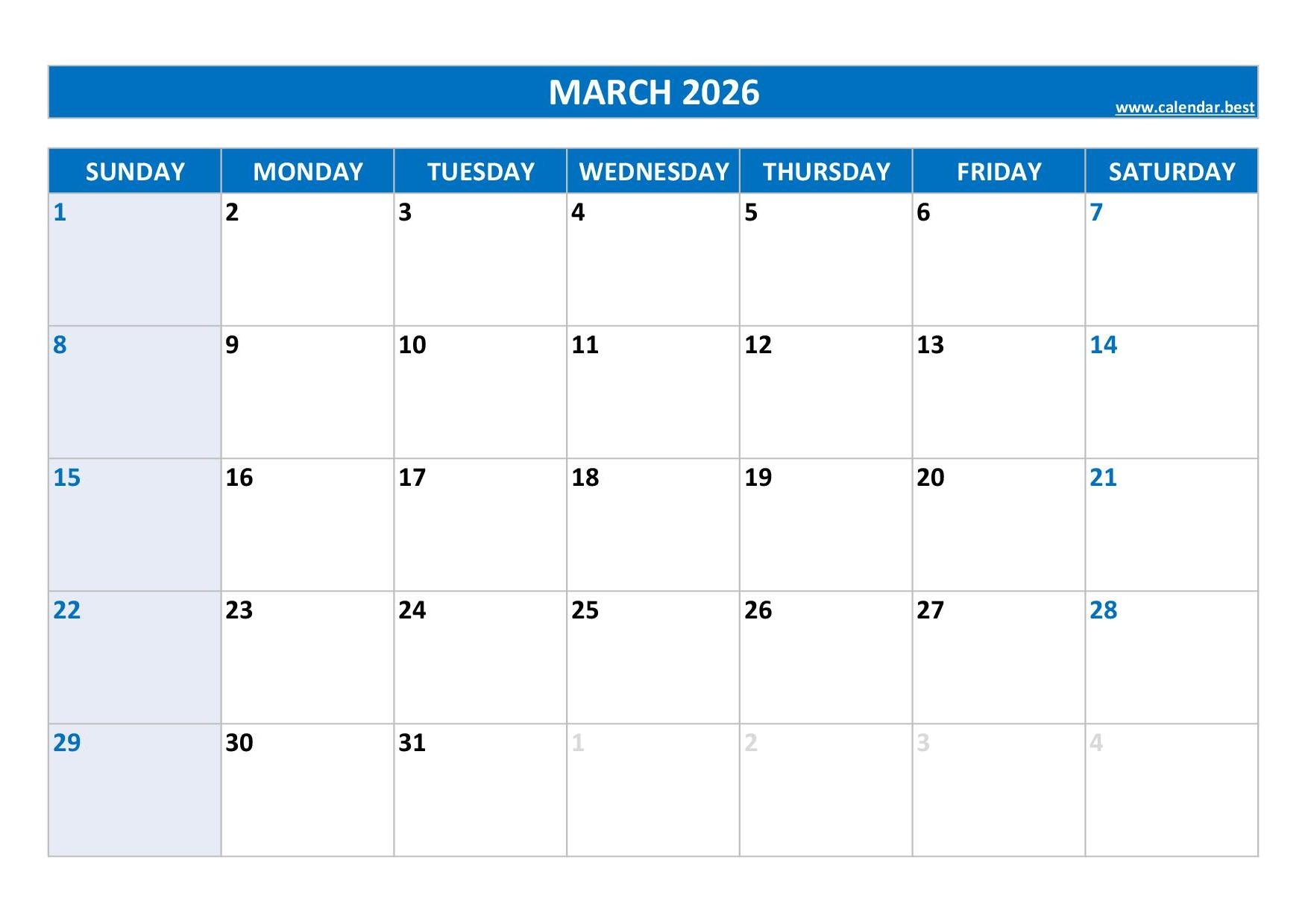 Calendar March 2026 Printable